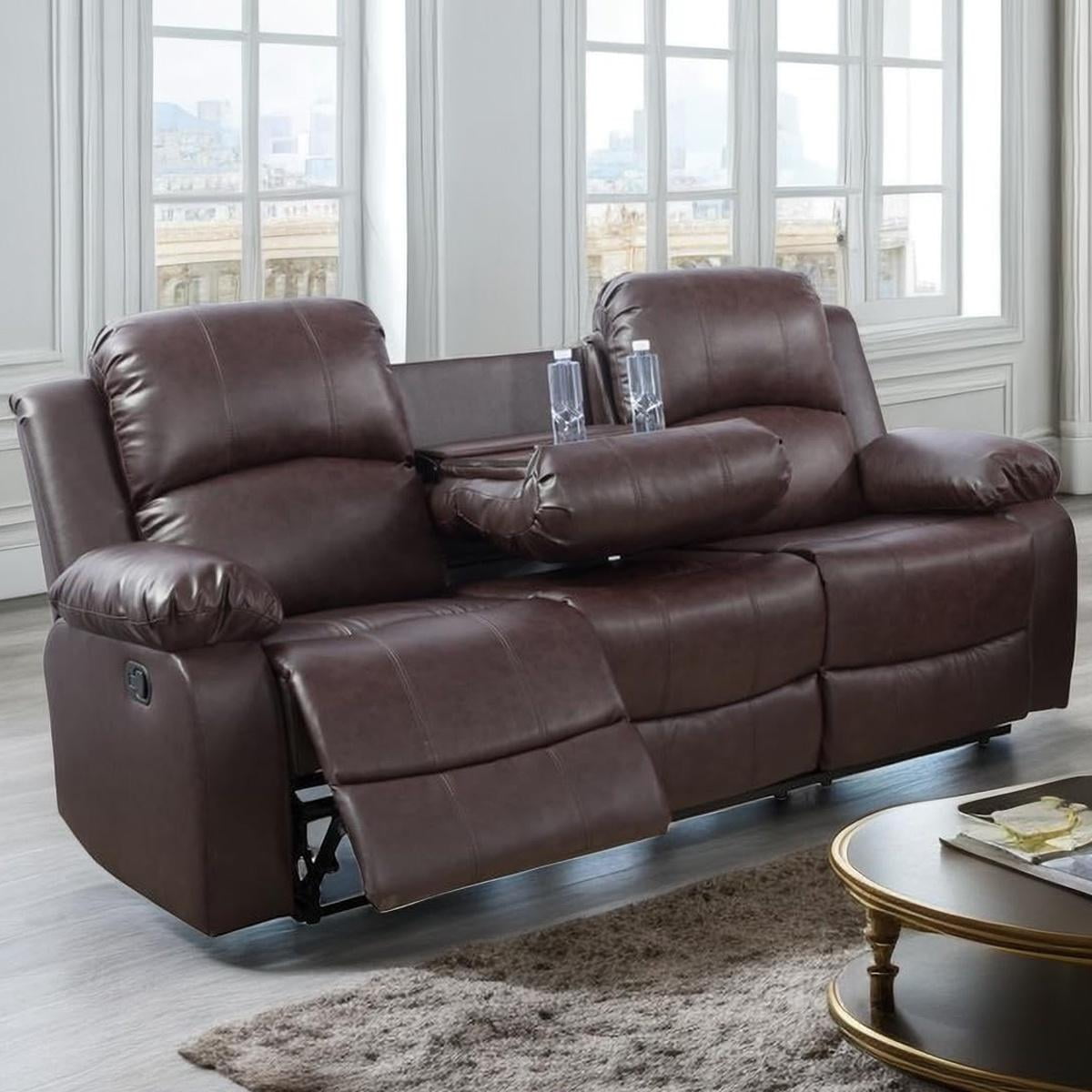 Gewnee Breathing leather Upholstered Manual Reclining Sofa with 3 Recliners and Cup Holders,Dark Coffee