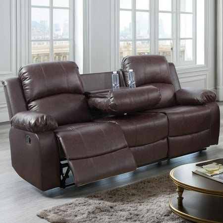 Gewnee Breathing leather Upholstered Manual Reclining Sofa with 3 Recliners and Cup Holders,Dark Coffee