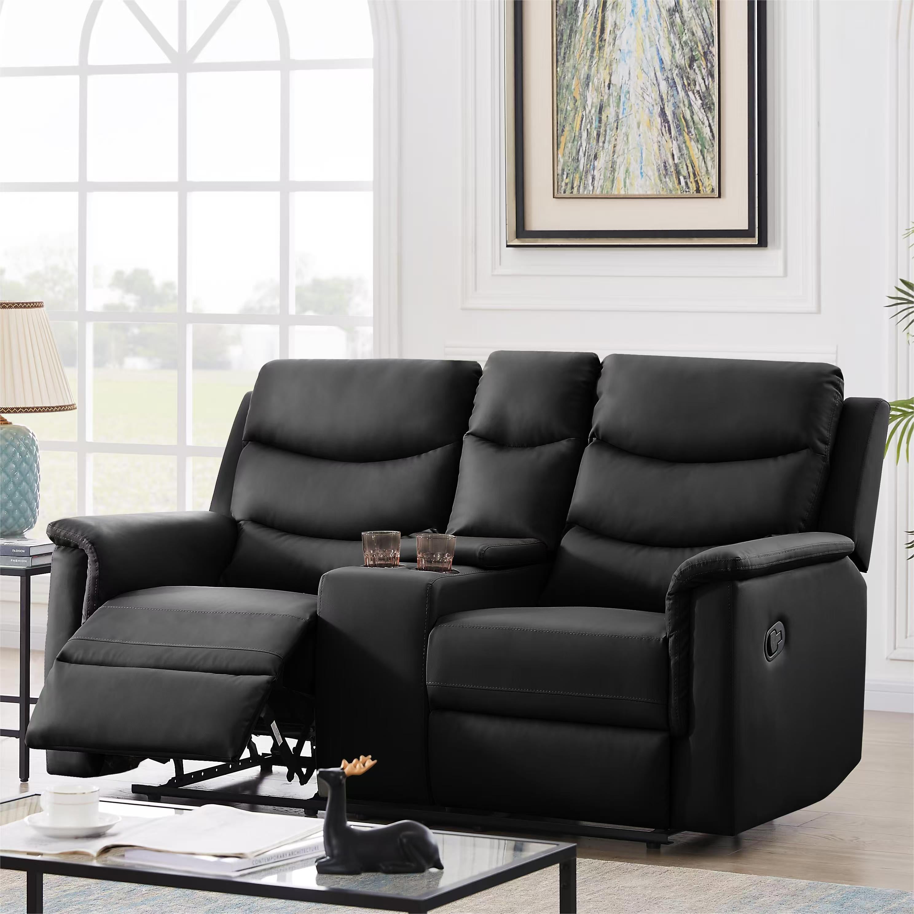 Gewnee Faux Leather Upholstered Modern Recliner Loveseat Sofa Couch,Seat Chair with Cup Holders for Living Room,Apartment, Office for Adult