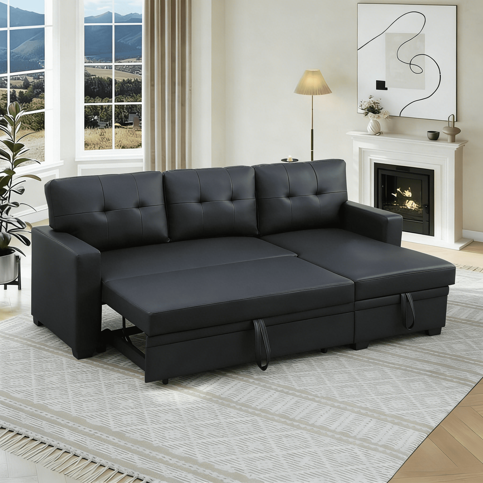 Gewnee Faux Leather Sectional Sofa Bed with Storage,Soft Seat Pull Out ...