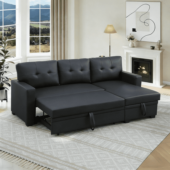 Gewnee Faux LeatherSectional Sofa Bed with Storage, Soft Seat Pull Out Couch for Living Room Black