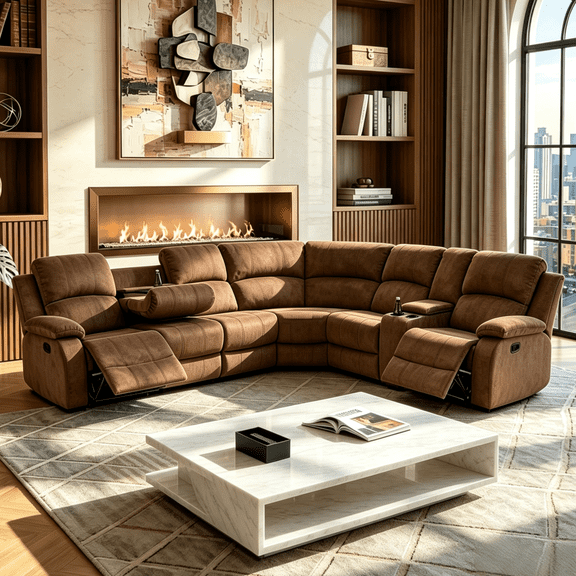 Gewnee Flannel Fabric Manual Reclining Sectional Sofa，L‑Shaped Recliner Couch with Cup Holders，Console Storage，Home Theater Sofa for Living Room, Brown