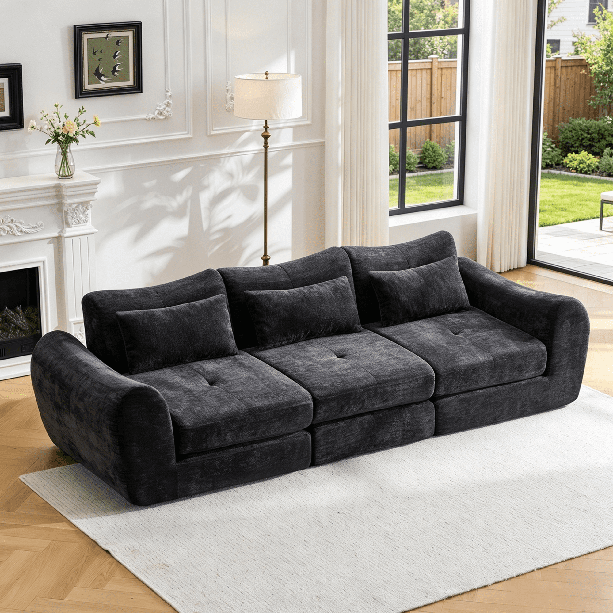 Gewnee Folding Sofa Bed,Modular Convertible Couch with Pillows,Pull Out Floor Couch,Chenille Boneless Futon Bed for Living Room,Bedroom.Black