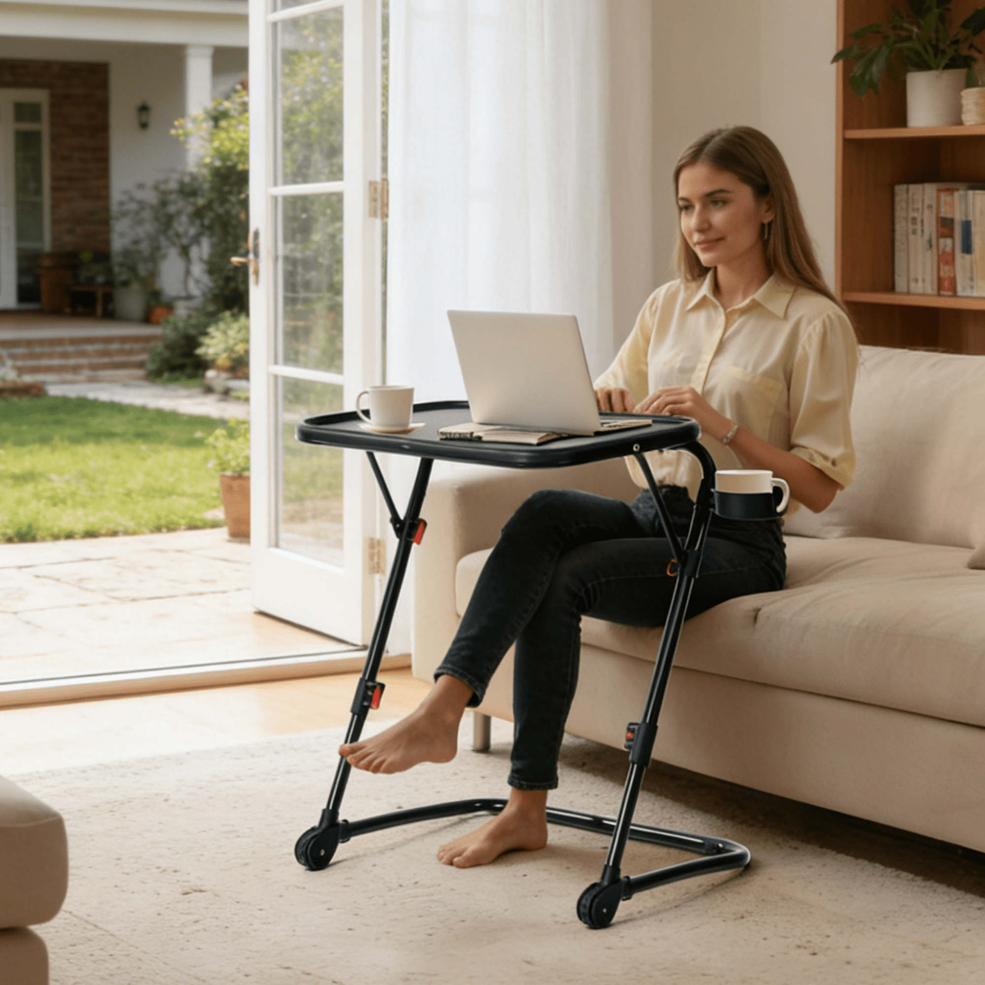 Gewnee Folding Table Trays,with 4 Height & 3 Tilt Angle,TV Tray Table with Cup Holder,Dinner Tray for Eating on Couch,Laptop & Bed.Black
