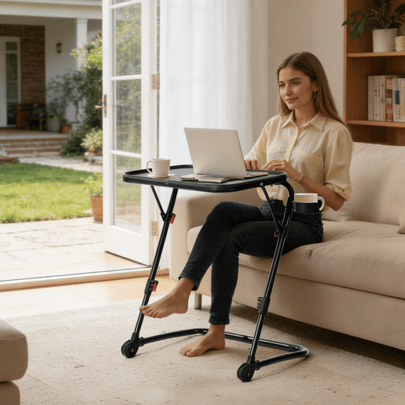 Gewnee Folding Table Trays,with 4 Height & 3 Tilt Angle,TV Tray Table with Cup Holder,Dinner Tray for Eating on Couch,Laptop & Bed.Black