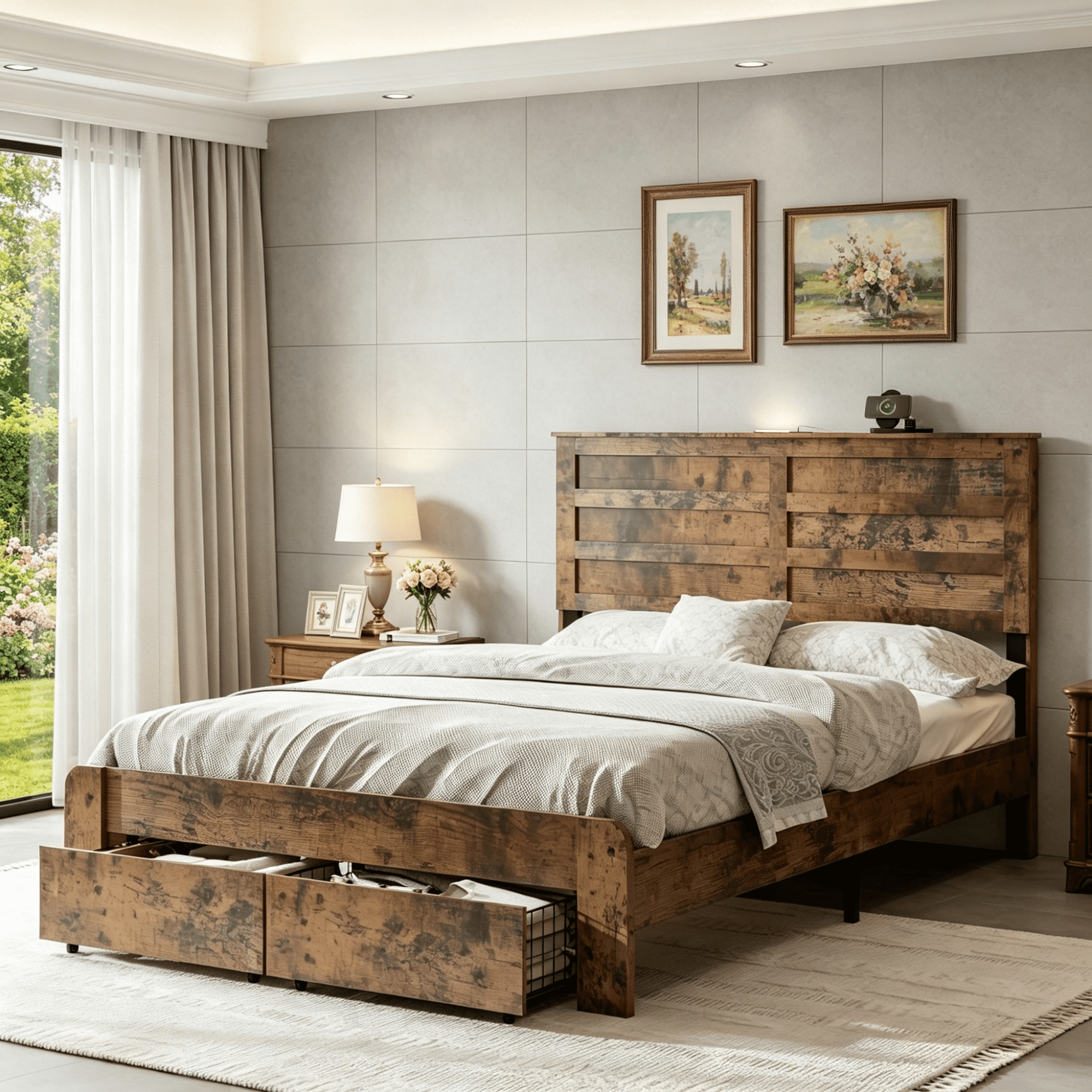 Gewnee Full Size Bed Frame with 2 Storage Drawers & USB Ports – Wooden Platform Bed with Storage Headboard Charging Station,No Box Spring Needed,Dark Brown