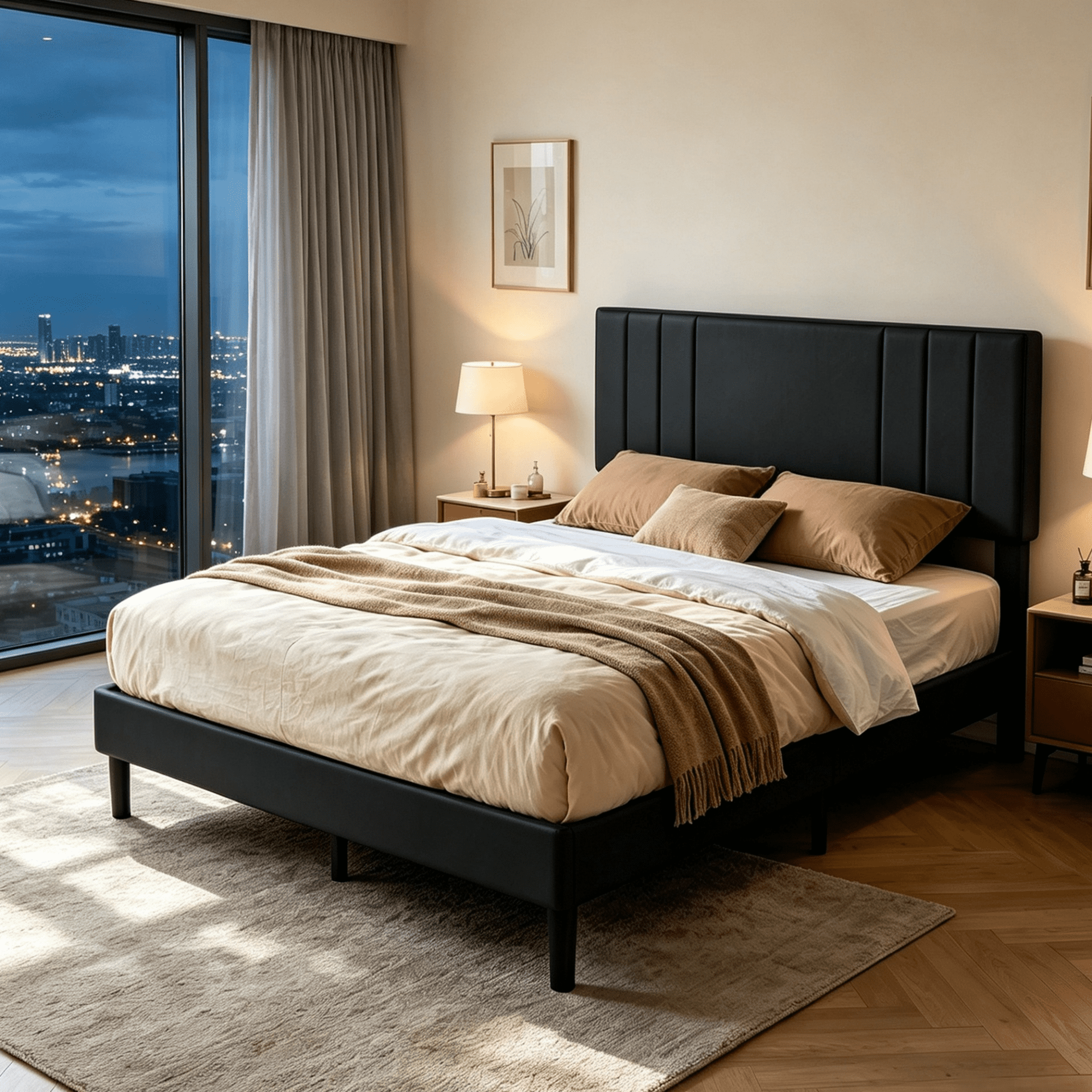 Gewnee Full Size Bed Frame,Platform Bed with Upholstered Headboard,Modern Accent Bedroom Furniture,No Box Spring Needed,Black PU