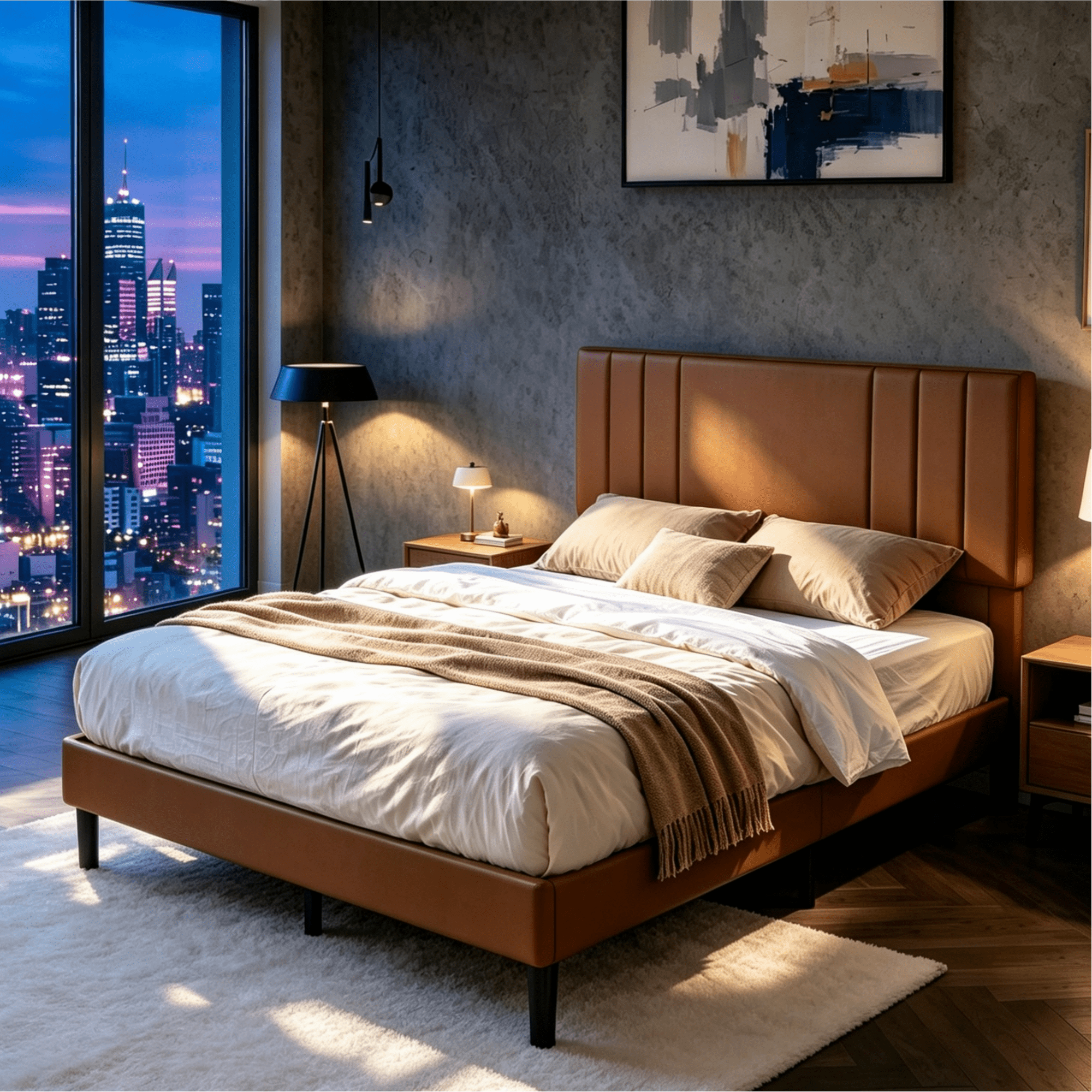 Gewnee Full Size Bed Frame,Platform Bed with Upholstered Headboard,Modern Accent Bedroom Furniture,No Box Spring Needed,Brown PU