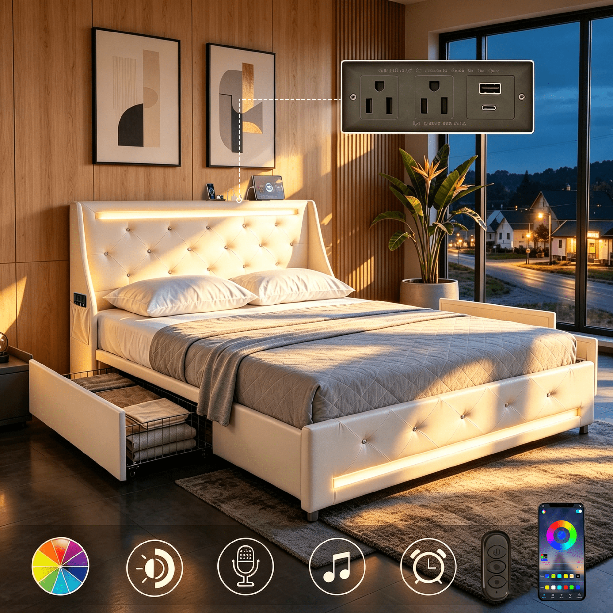 Gewnee Full Size Bed Frame with Storage Drawers & Charging Station,PU Upholstered Platform Bed with Button Wingback Headboard and Side Pocket,LED Bed Frame,No Box Spring Needed.White