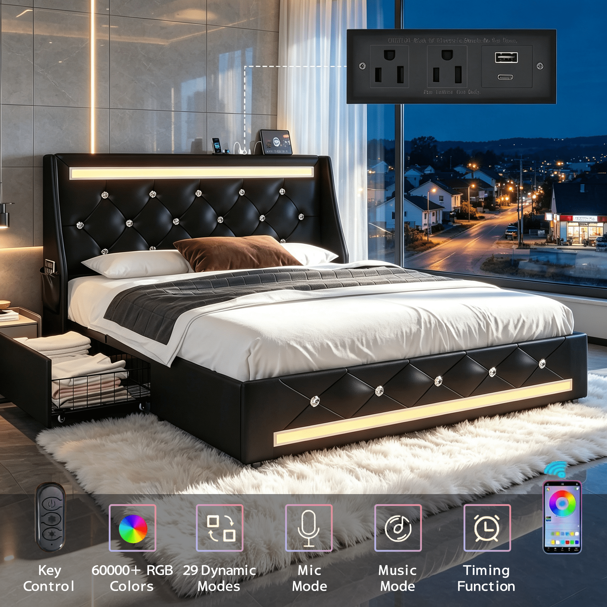 Gewnee Full Size Bed Frame with Storage Drawers & Charging Station,PU Upholstered Platform Bed with Button Wingback Headboard and Side Pocket,LED Bed Frame,No Box Spring Needed.Black