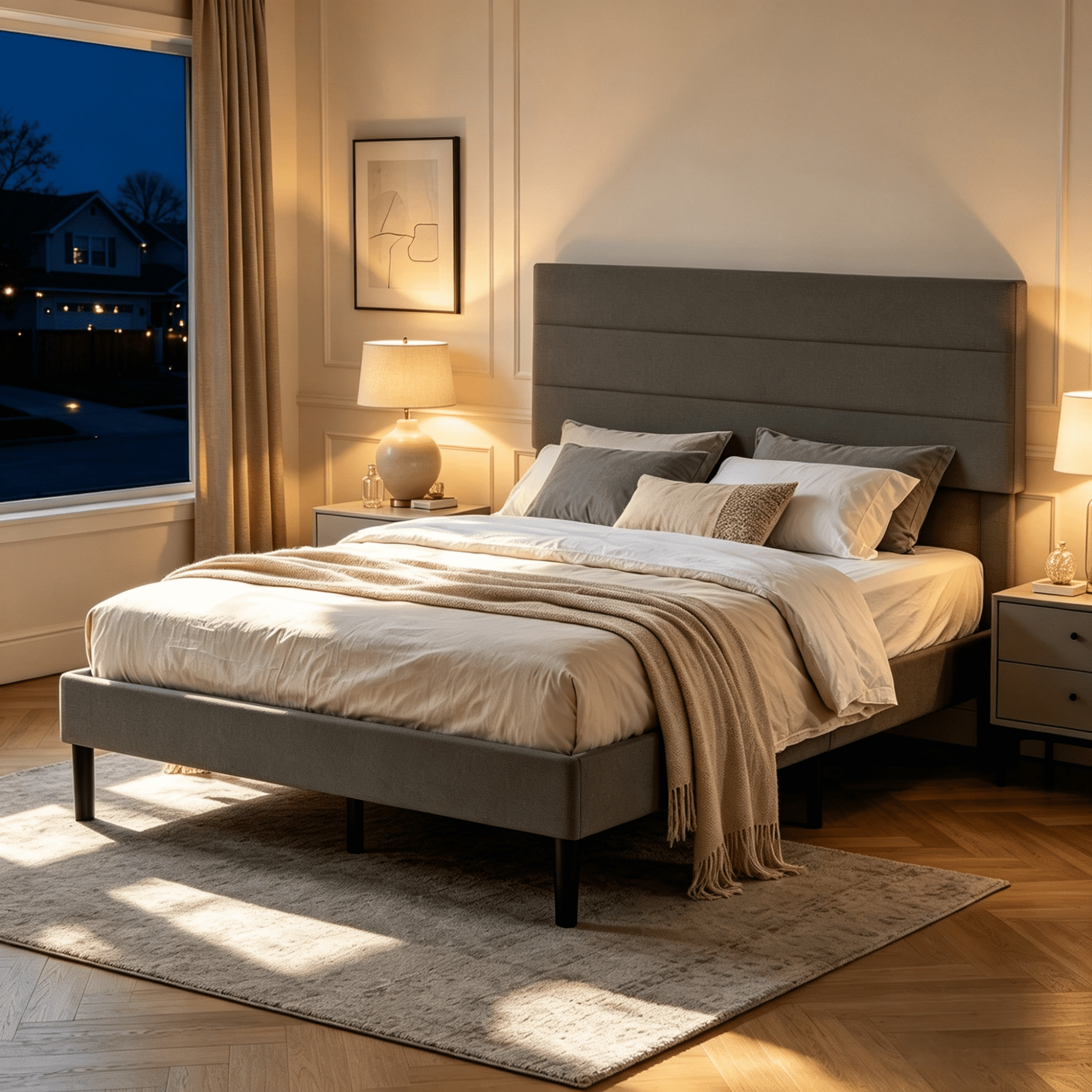 Gewnee Full Size Bed Frame,Upholstered Platform Bed Frame with Corduroy Headboard,Wood Platform Bed,No Box Spring.Gray