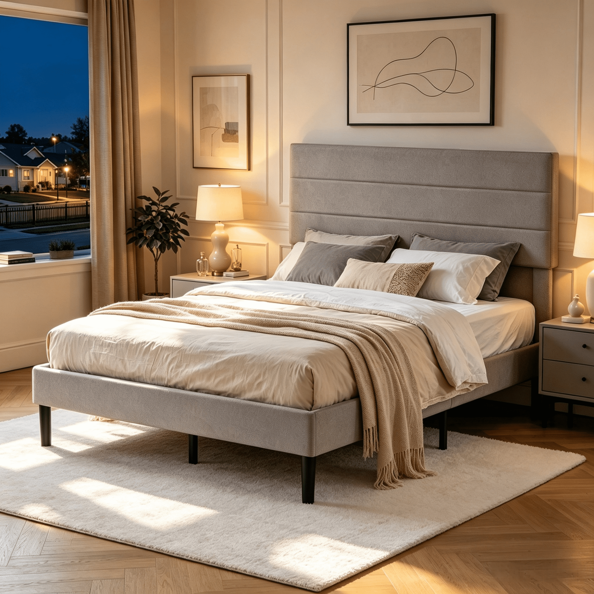 Gewnee Full Size Bed Frame,Upholstered Platform Bed Frame with Linen Blend Headboard,Wood Platform Bed,No Box Spring.Light Grey