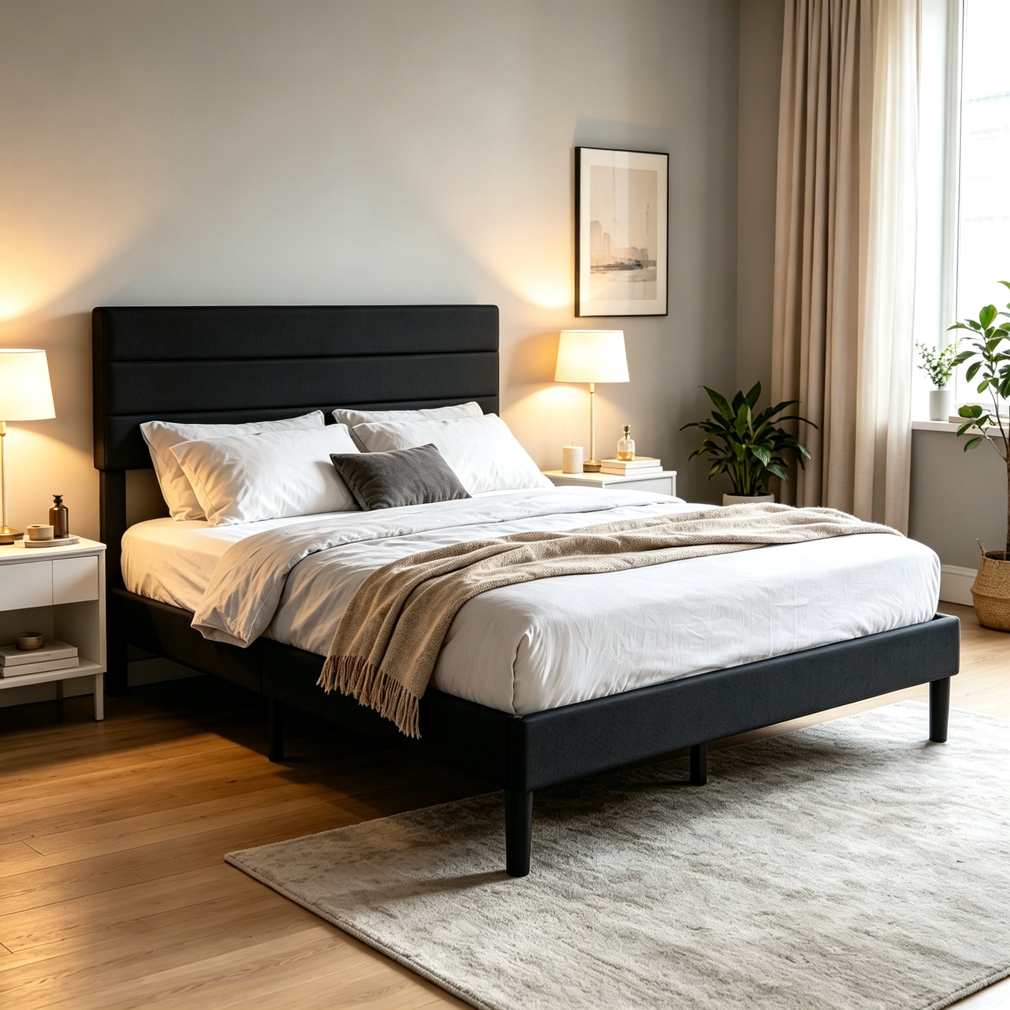 Gewnee Full Size Bed Frame,Upholstered Platform Bed Frame with Linen Headboard,Wood Platform Bed,No Box Spring.Black