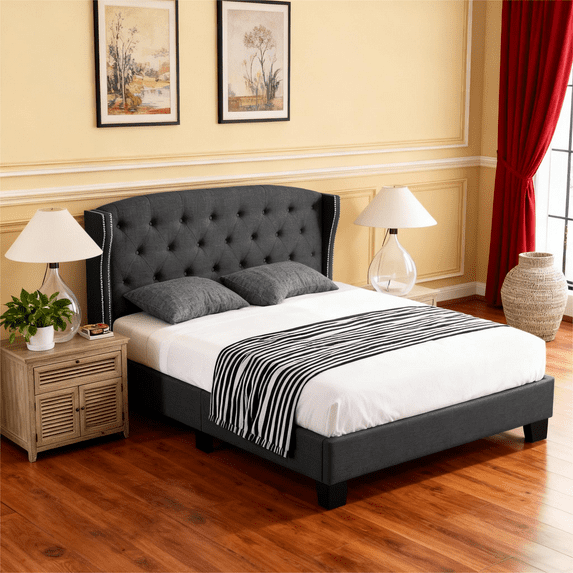 Gewnee Full Size Upholstered Platform Bed Frame with Adjustable Wingback Headboard,Button Tufted and Nailhead Trim,Box Spring Required.Dark Grey