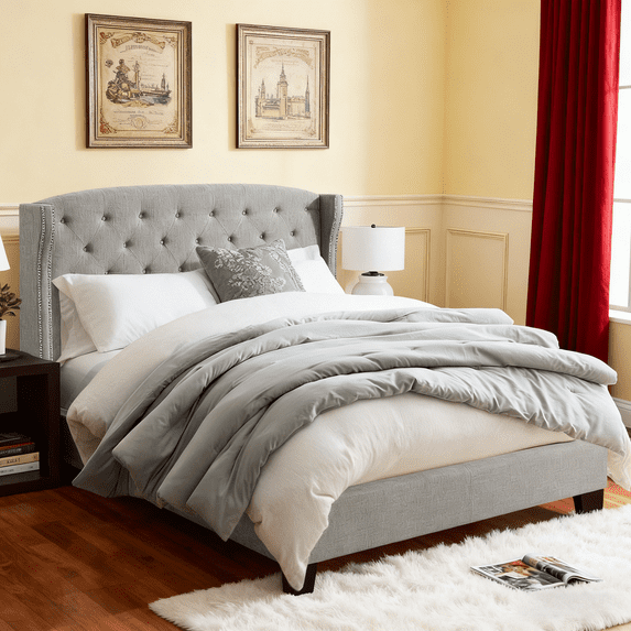 Gewnee Full Size Upholstered Platform Bed Frame with Adjustable Wingback Headboard,Button Tufted and Nailhead Trim,Box Spring Required.Light Grey