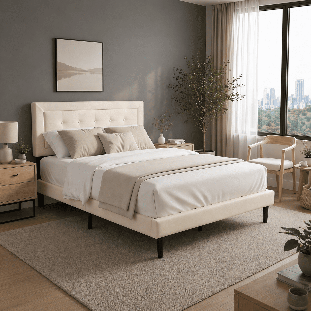 Gewnee Full Size Bed Frame with Sturdy Wood Slats & Center Leg,No Box Spring Needed,Upholstered Headboard,High Under-Bed Clearance.Beige