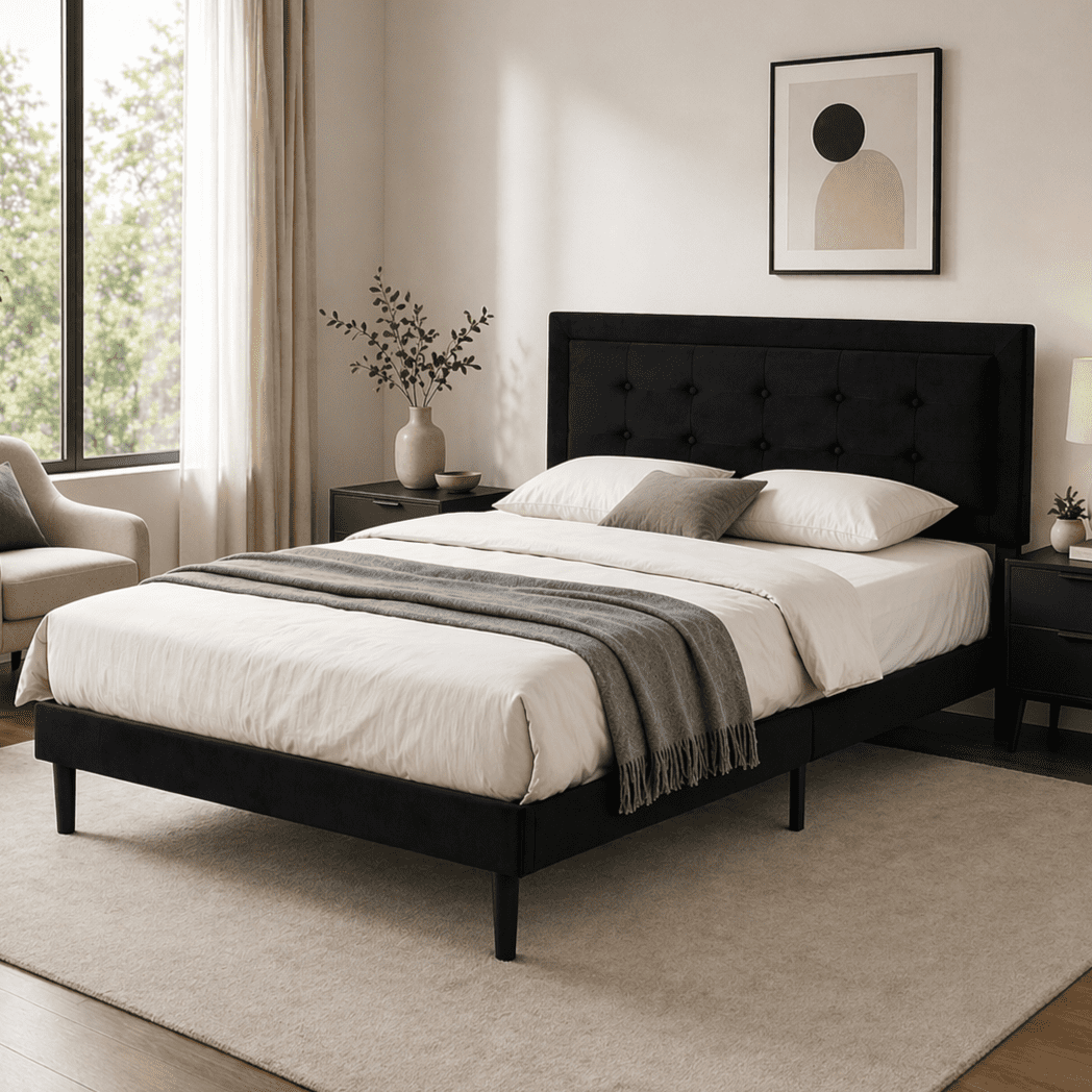 Gewnee Full Size Bed Frame with Sturdy Wood Slats & Center Leg,No Box Spring Needed,Upholstered Headboard,High Under-Bed Clearance.Black