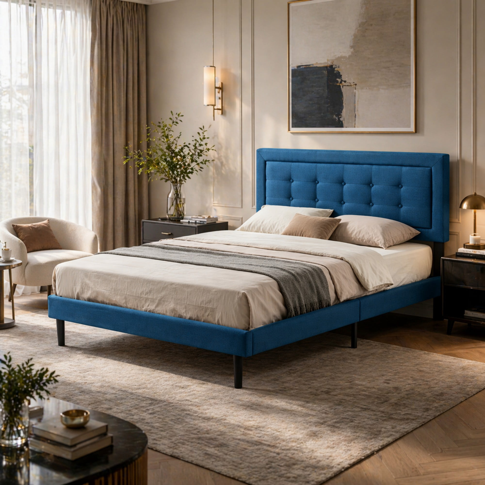 Gewnee Full Size Platform Bed Frame with Upholstered Tufted Headboard,Wood Slats Support,Easy Assembly,No Box Spring Needed,Dark Blue