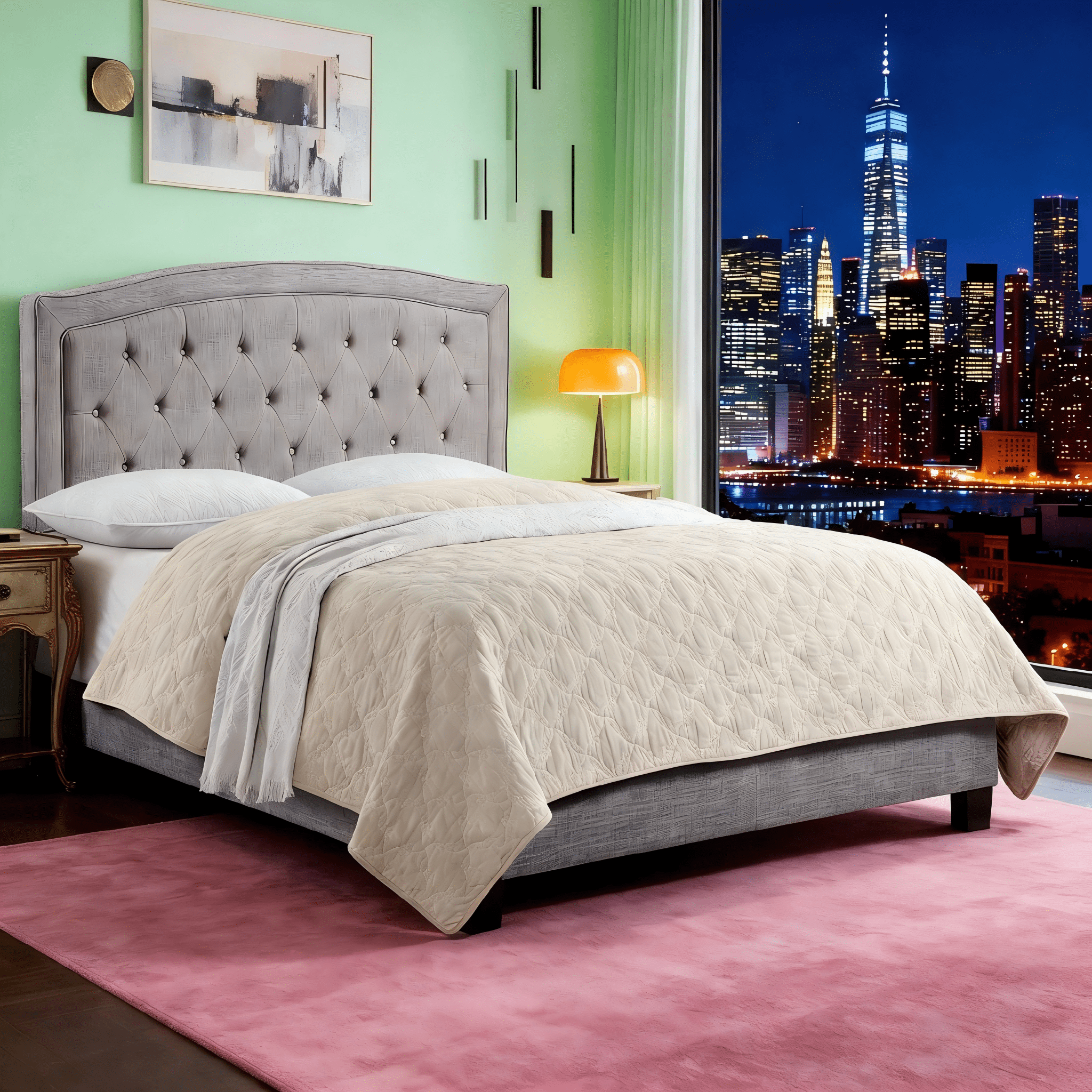 Gewnee Gray Full Size Bed Frame, Linen Upholstered Headboard, Solid Wood Slat Support & Sturdy Structure, Ideal for Bedroom, Box Spring Required