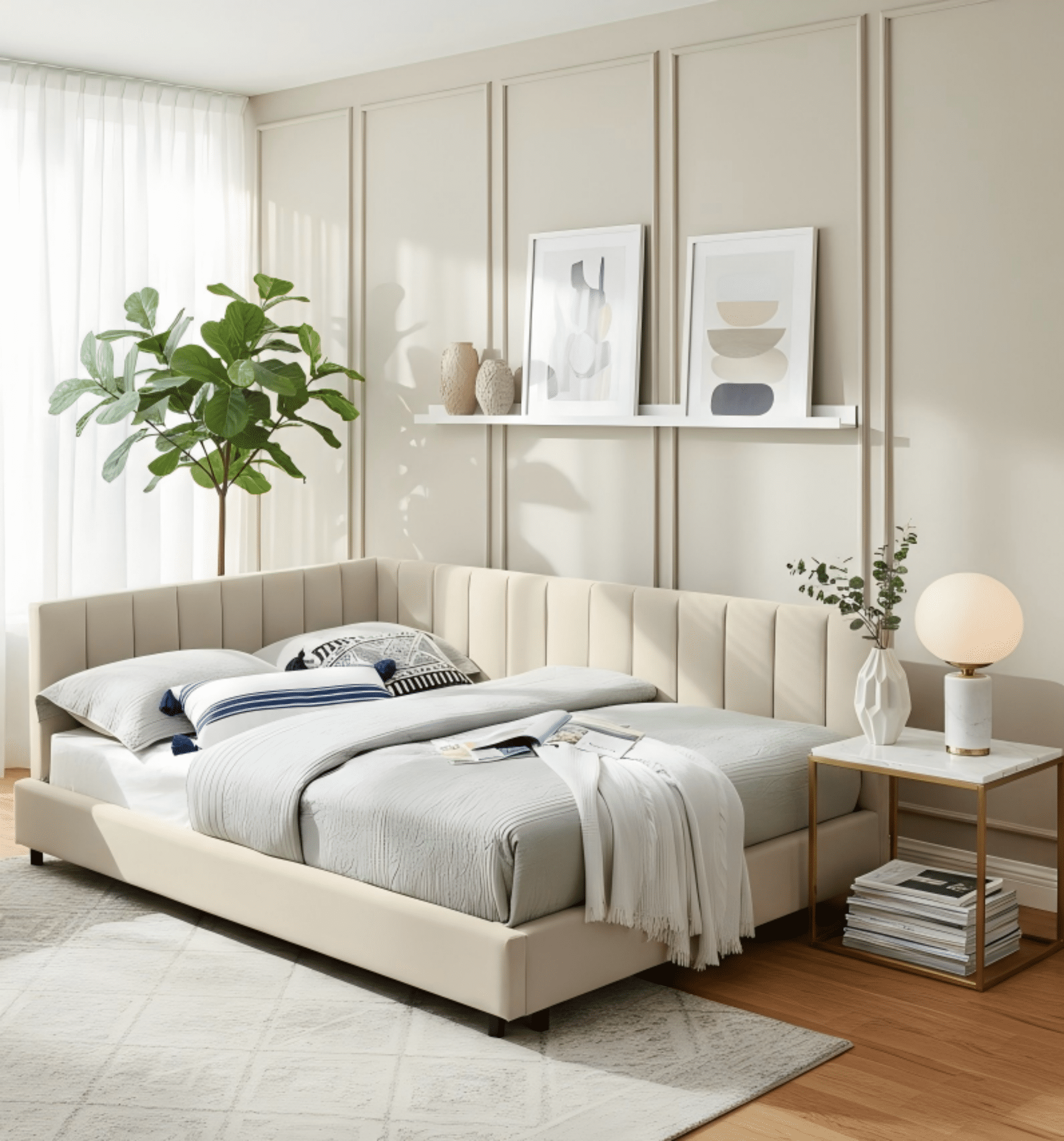 Gewnee Multifunctional Full Size Daybed Sofa - Eucalyptus Wood Frame Velvet Upholstered with Backrest  for Bedroom/Living Room, Beige