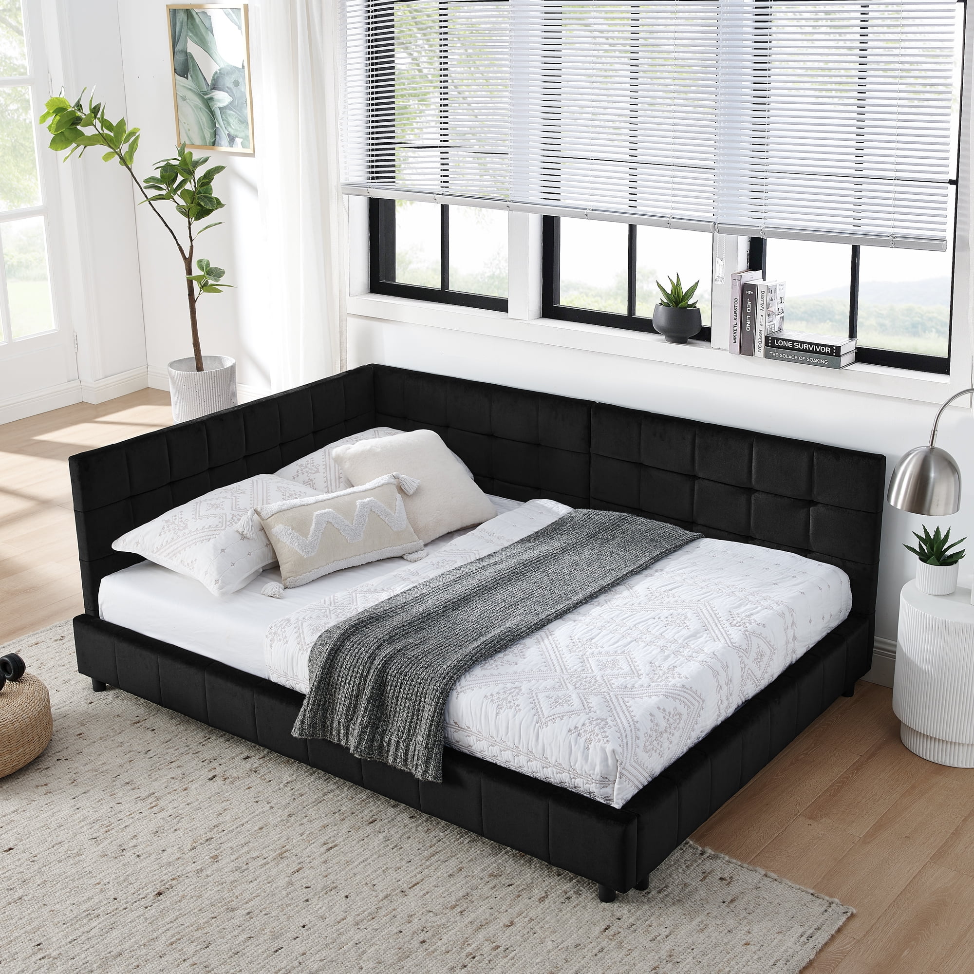 Gewnee Black Velvet Upholstered Full Size Multifunctional Daybed Sofa - Solid Eucalyptus Wood Frame with Backrest for Bedroom and Living Room