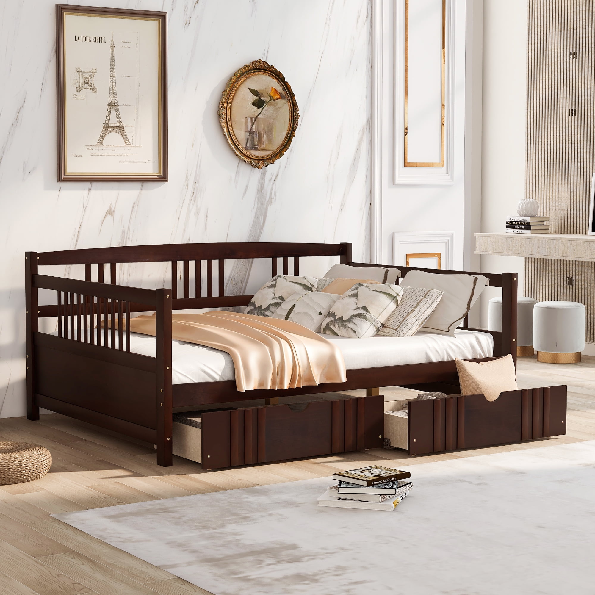 Gewnee Full Size Daybed with Two Storage Drawers,Wooden Sofa Bed for Kid's Bedroom,Espresso