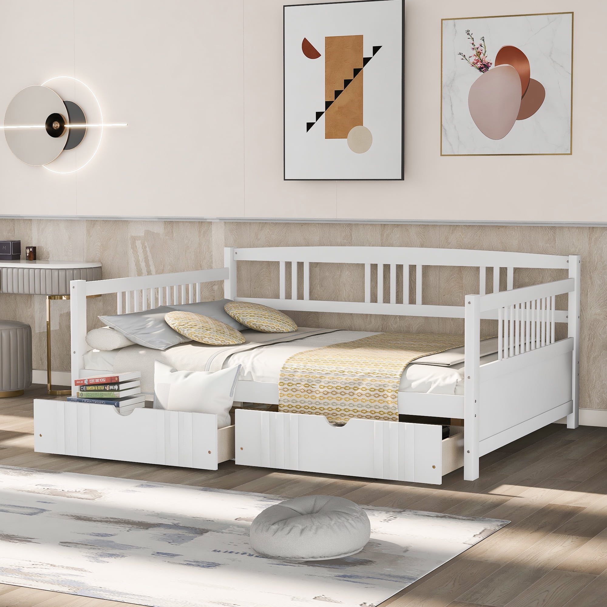 Gewnee Full Size Wood Daybed with Two Storage Drawers for Kid's Bedroom, White