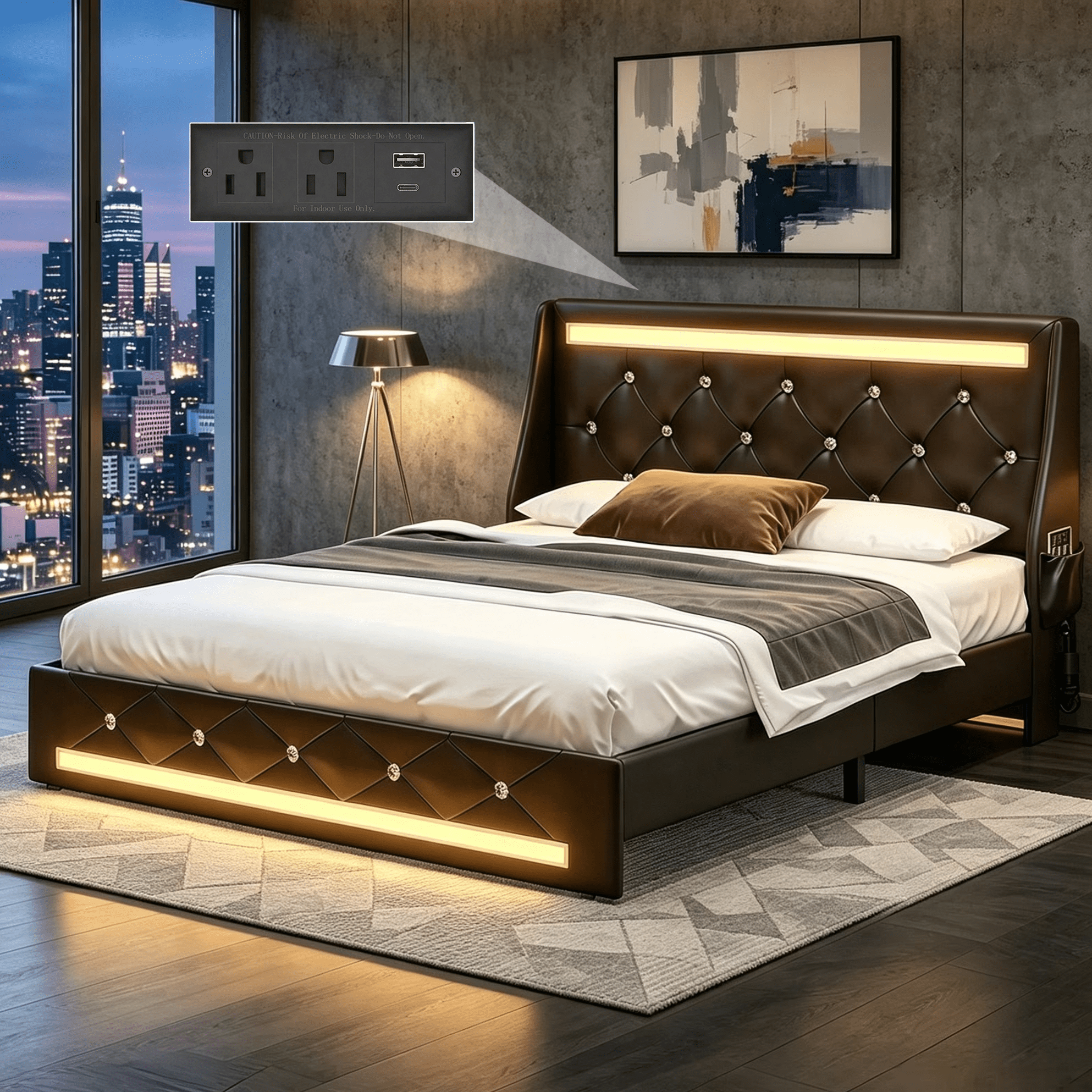 Gewnee Full Size Faux Leather Platform Bed Frame, Diamond Tufted Wingback Headboard, Multi‑Color LED, 4‑in‑1 Charging, Side Storage Pockets, Noise‑Free, No Box Spring Needed, Black