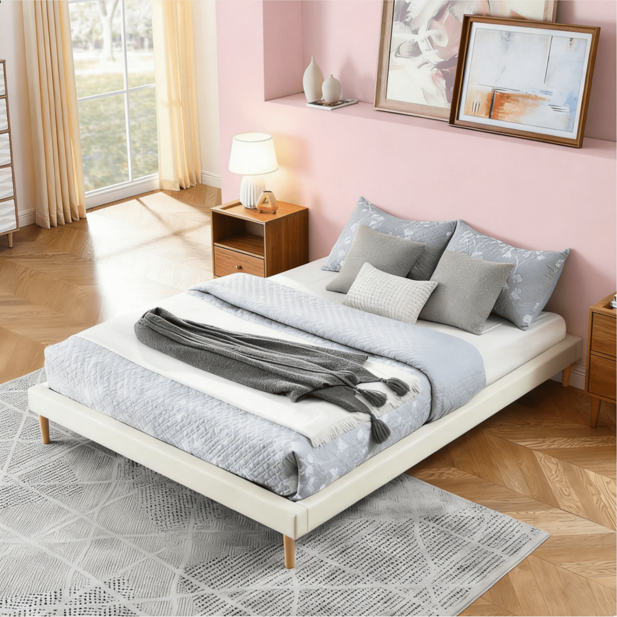Gewnee Full Size Faux Leather Platform Bed Frame,No Box Spring Needed,Solid Wood Center Support,White