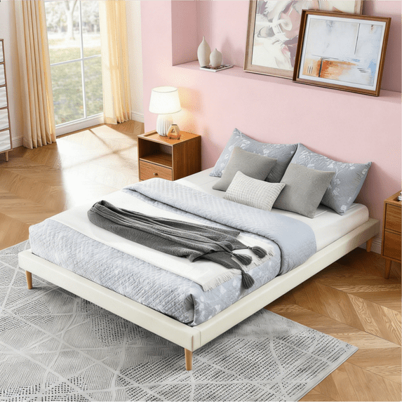 Gewnee Full Size Faux Leather Platform Bed Frame,No Box Spring Needed,Solid Wood Center Support,White