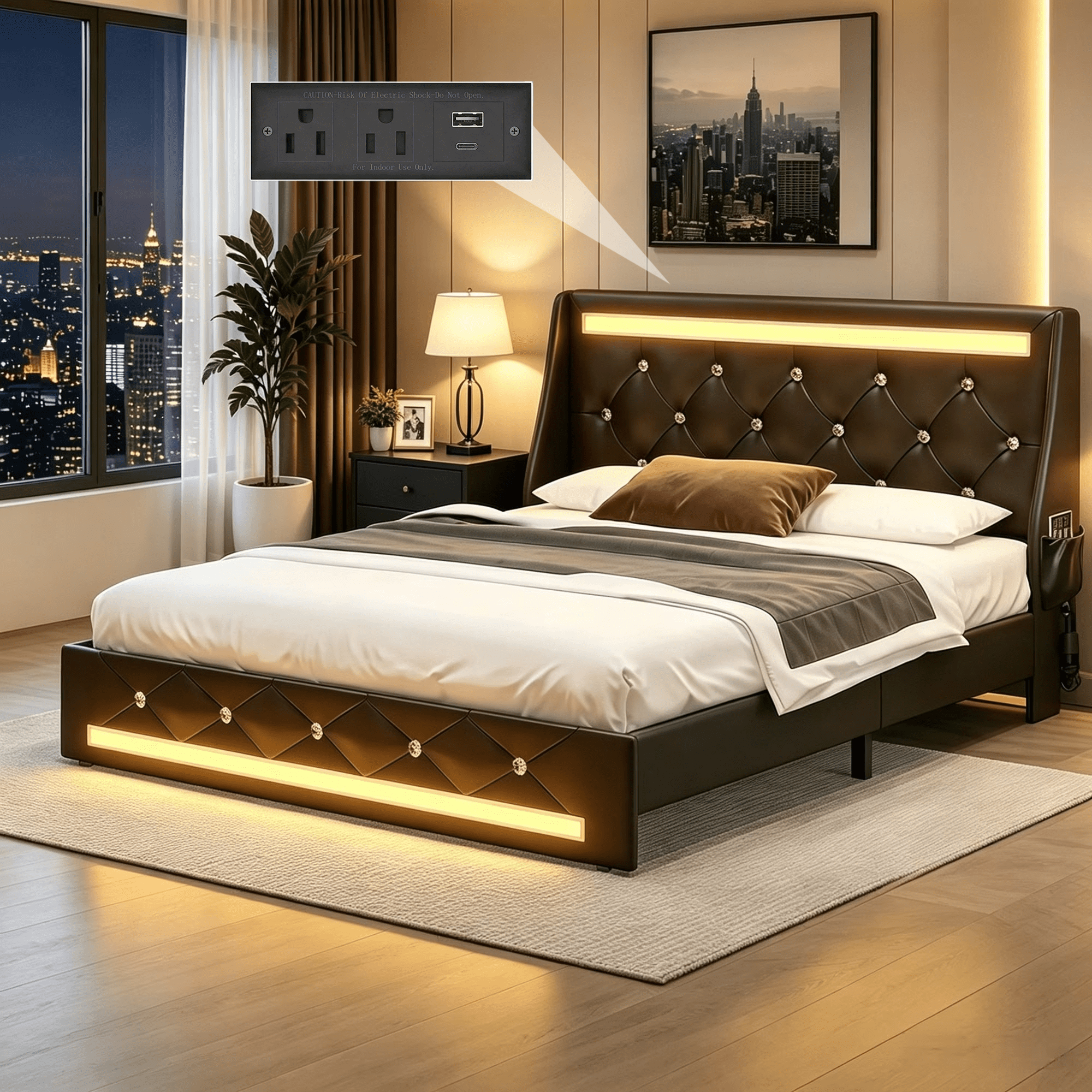 Gewnee Full Size Faux Leather Upholstered Platform Bed Frame, Diamond Tufted Wingback Headboard, LED Lights, 4‑in‑1 Charging, Side Storage Pockets, Noise‑Free, No Box Spring Needed, Black