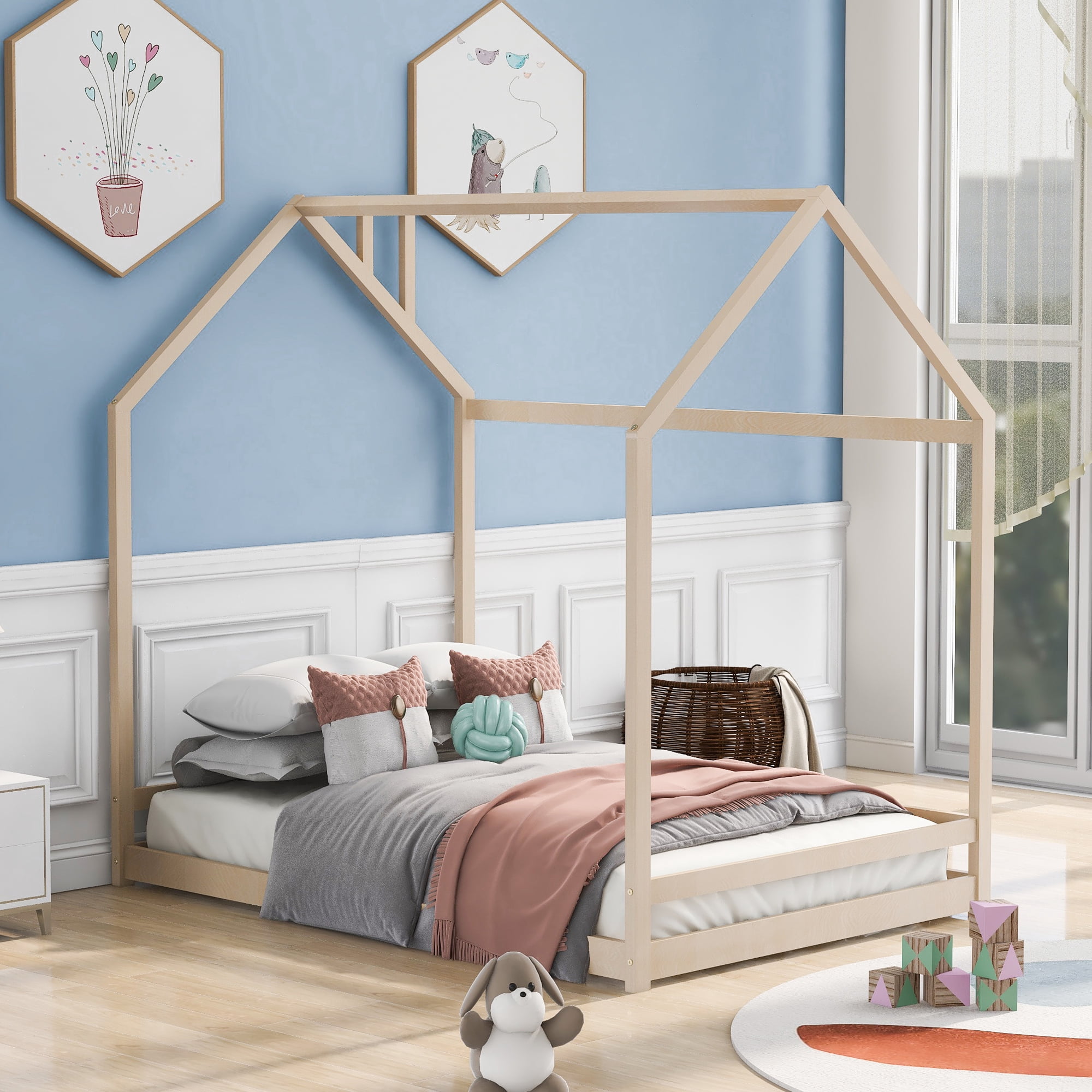 Gewnee Full Size Floor Bed, Wood Twin House Bed with Rails for Toddler Kids,Natural