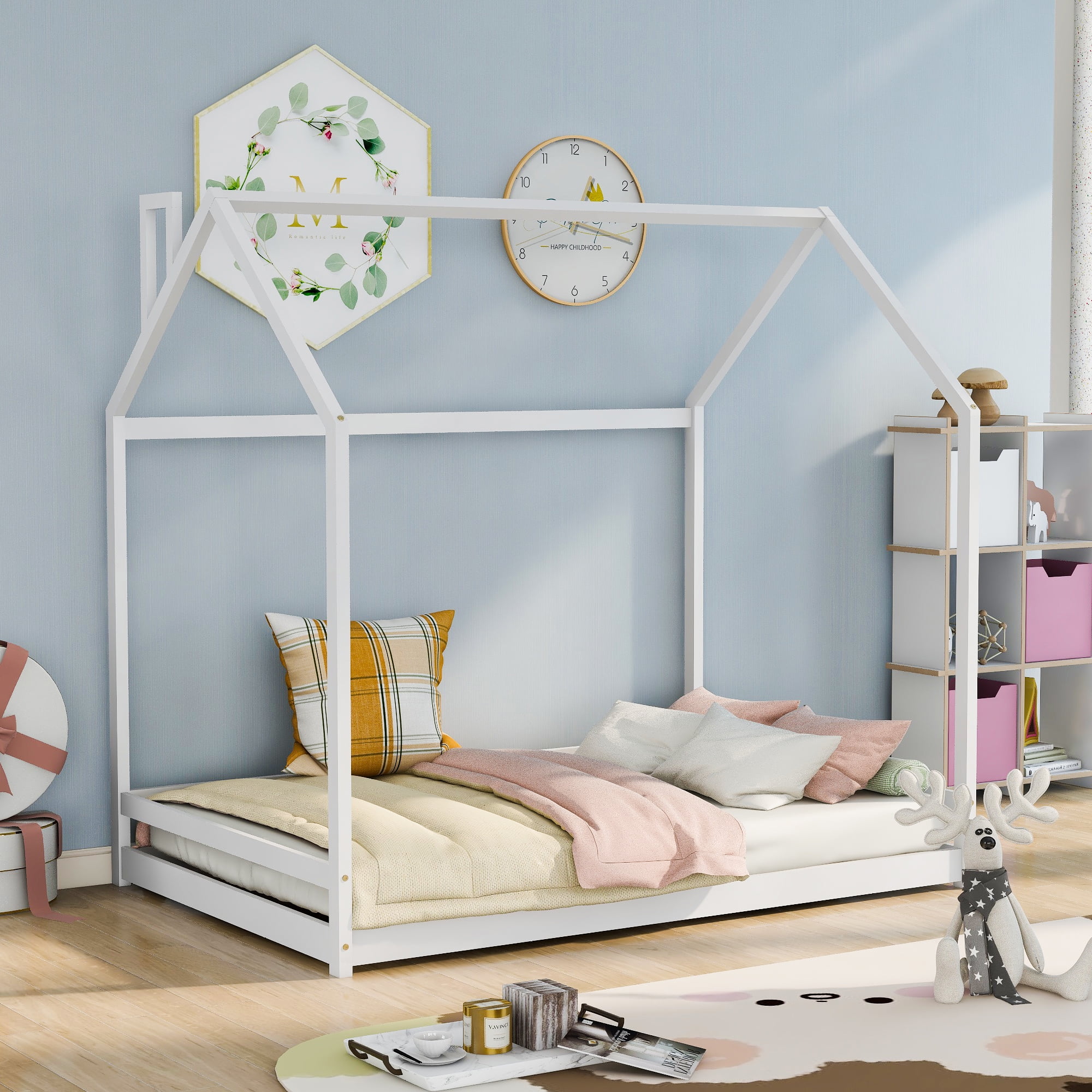 Gewnee Full Size Floor Bed, Wood Twin House Bed with Rails for Toddler Kids,White