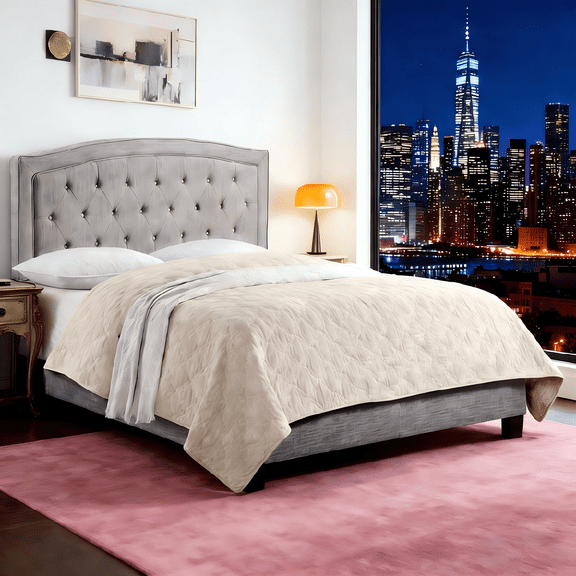 Gewnee Full Size Gray Bed Frame, Linen Upholstered Headboard, Solid Wood Slat Support & Sturdy Structure, Ideal for Bedroom, Box Spring Required