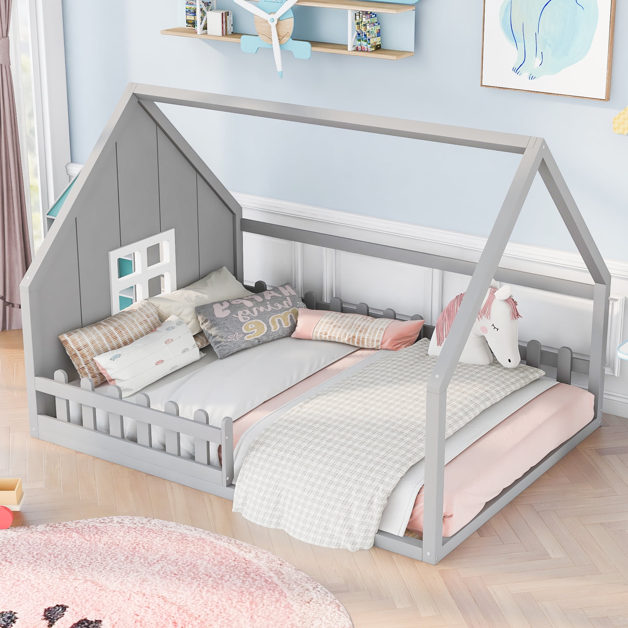 Gewnee Full Size House Bed with Fence, Wooden Montessori Floor Bed with Window for Toddler Kids,Gray