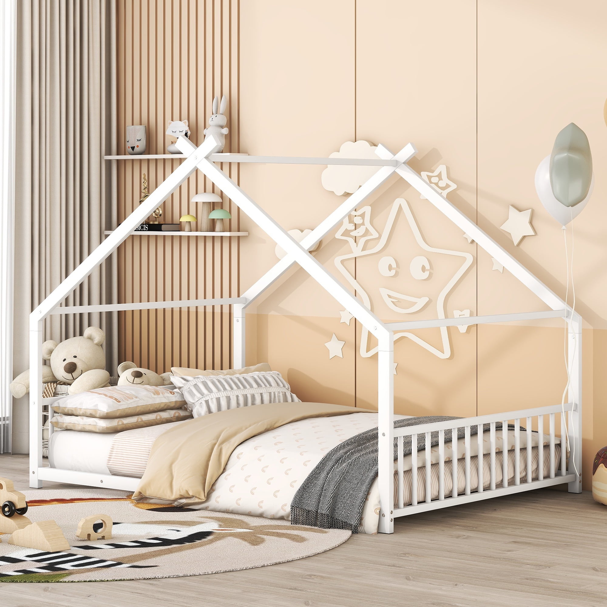 Gewnee Full Size House Bed with Roof and Fence,Metal Montessori Platform Bed for Toddle and Kids,White