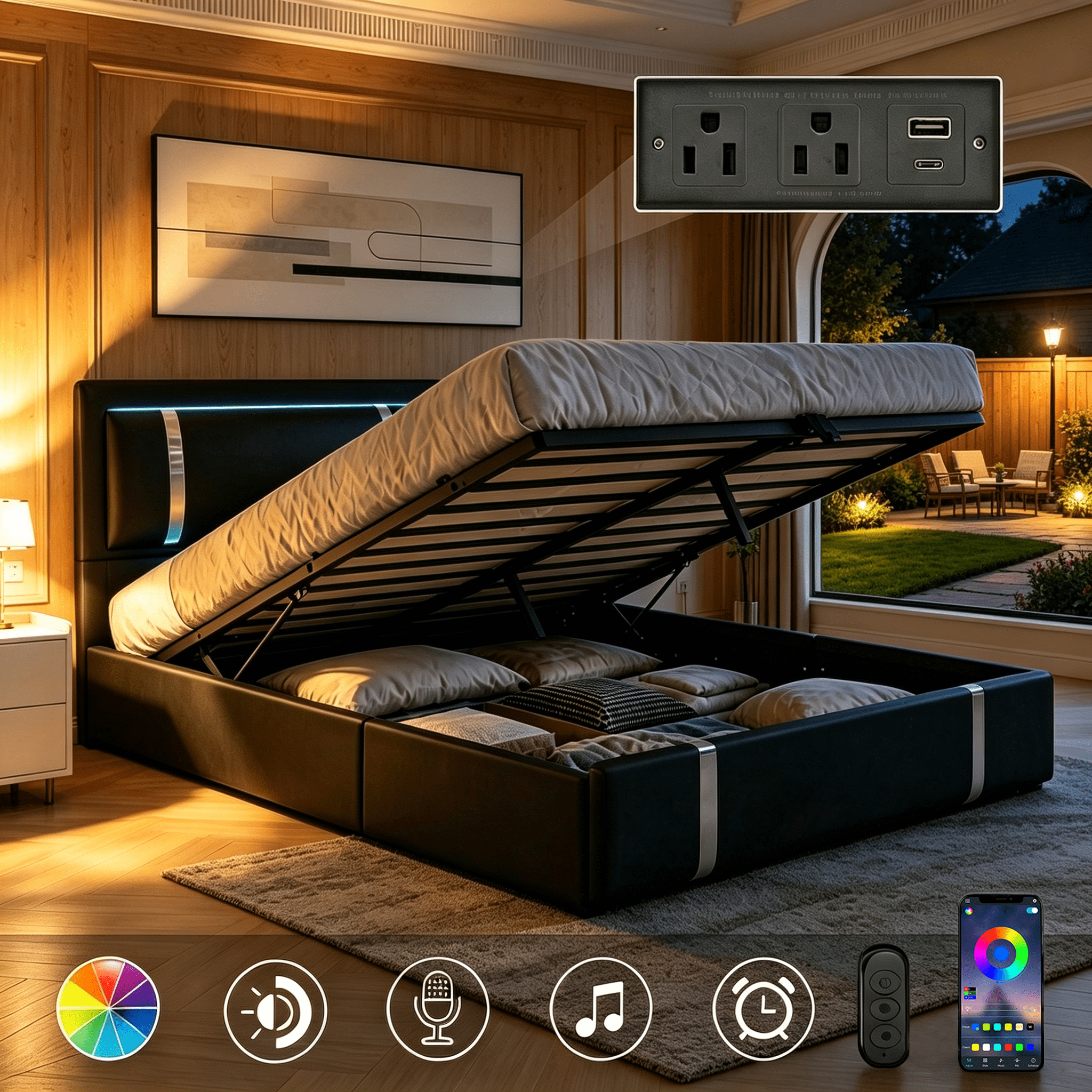 Gewnee Full Size Lift Up Storage Bed,Faux Leather Upholstered Platform Bed with Adjustable Headboard and Charging Ports,LED Bed Frame with Hydraulic Support.Black