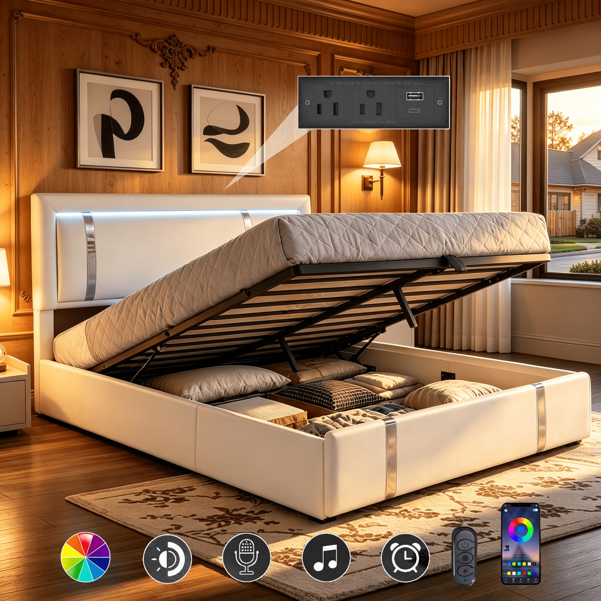 Gewnee Full Size Lift Up Storage Bed,Faux Leather Upholstered Platform Bed with Adjustable Headboard and Charging Ports,LED Bed Frame with Hydraulic Support.White
