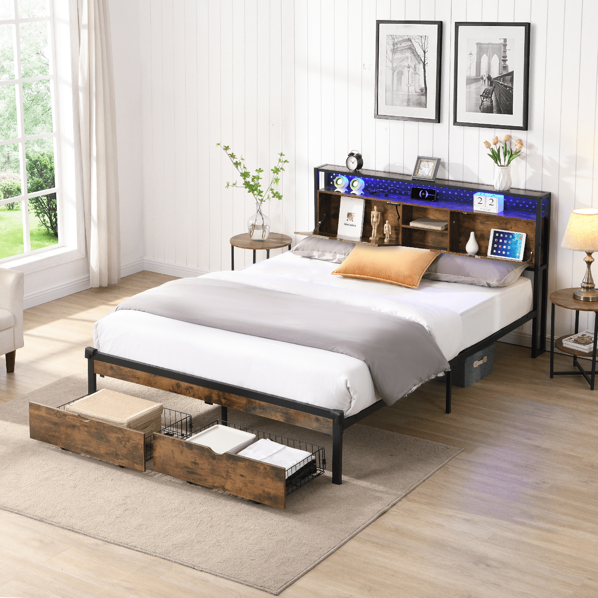Gewnee Full Size Metal Platform Bed with Wooden Headboard & Footboard - LED Light, Storage Drawers, Charging Station, No Box Spring, for Bedroom/Dorm