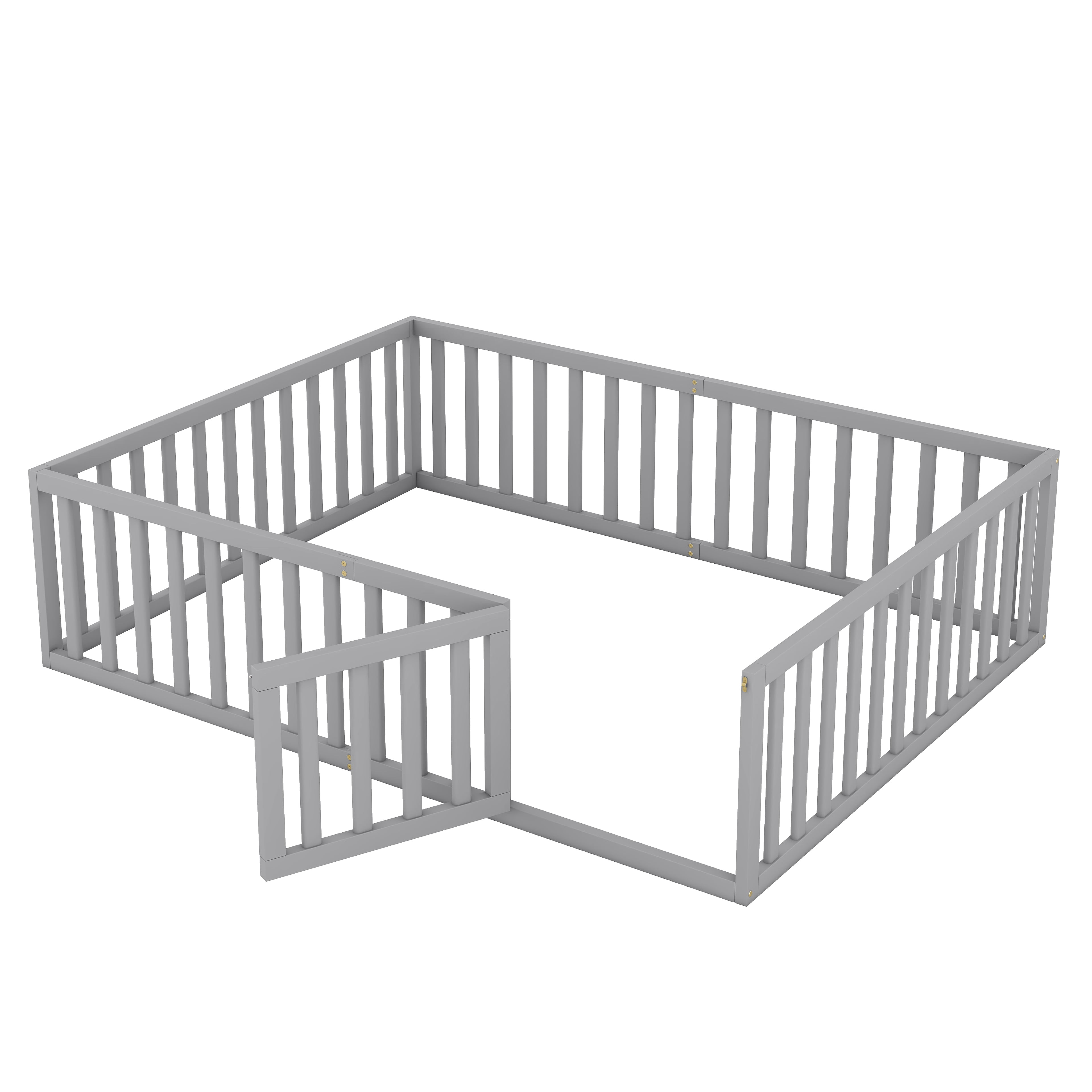 Gewnee Full Size Montessori Bed for Toddler, Wood Floor Bed Frame with Fence and Door, Gray