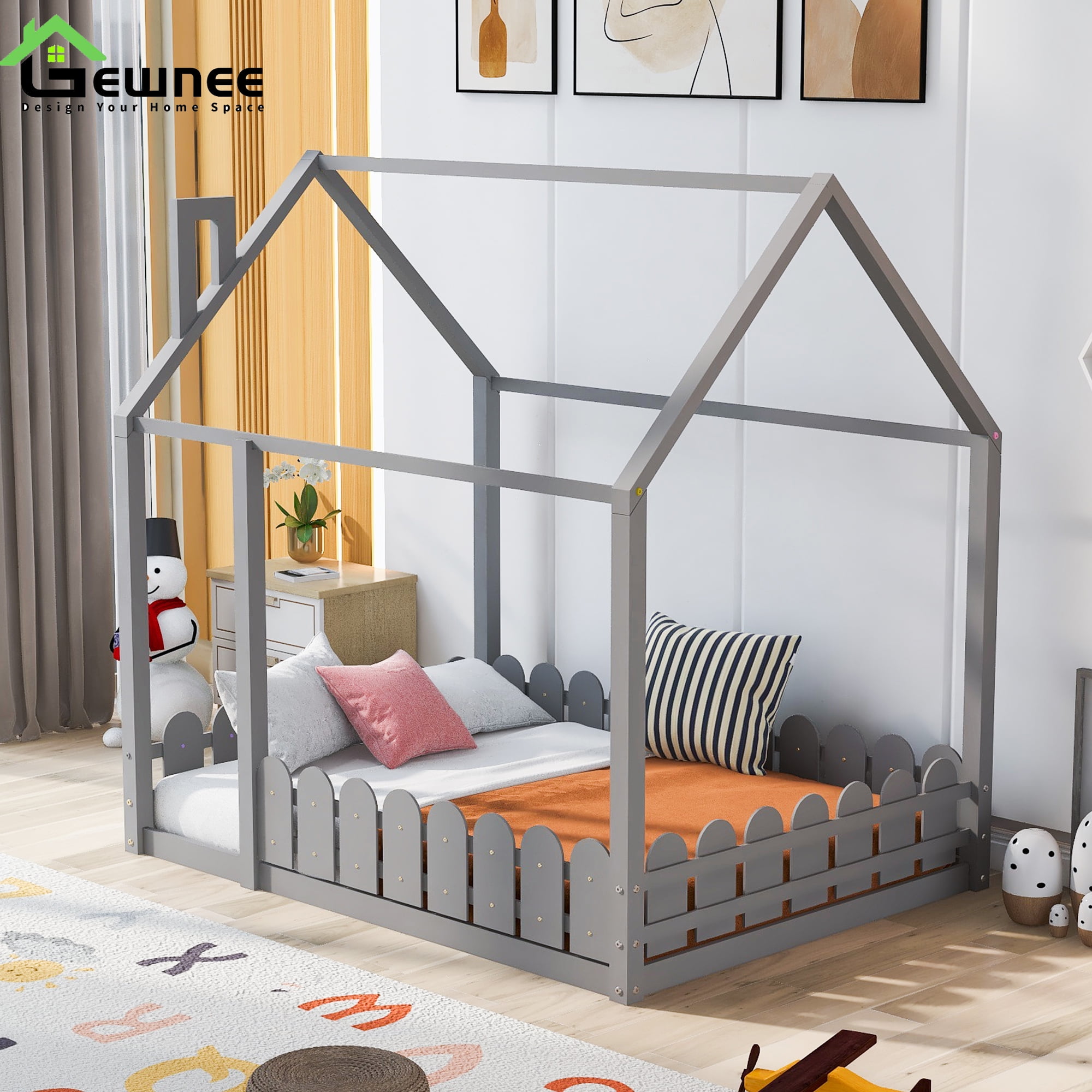 Gewnee Full Size Montessori Bed with Fence, Kids Wood House Bed Frame,Gray