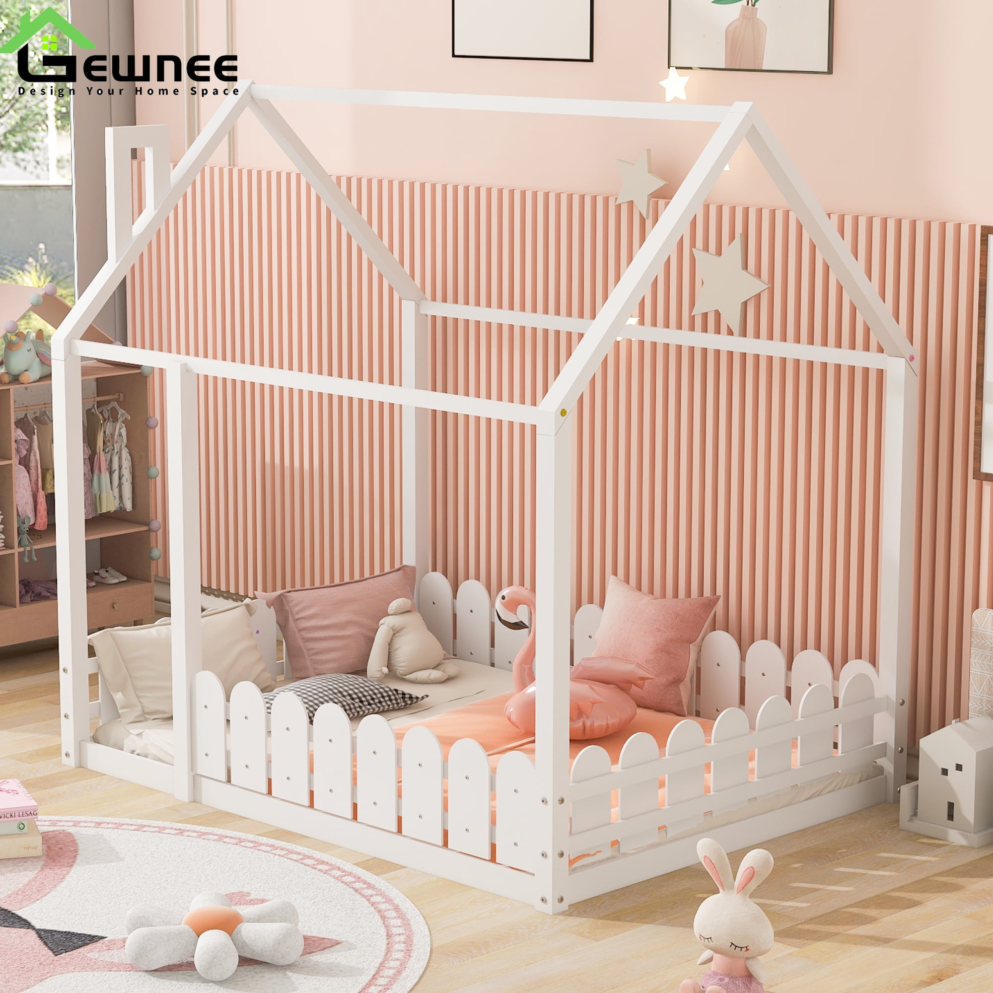 Gewnee Full Size Montessori Bed with Fence, Kids Wood House Bed Frame,White