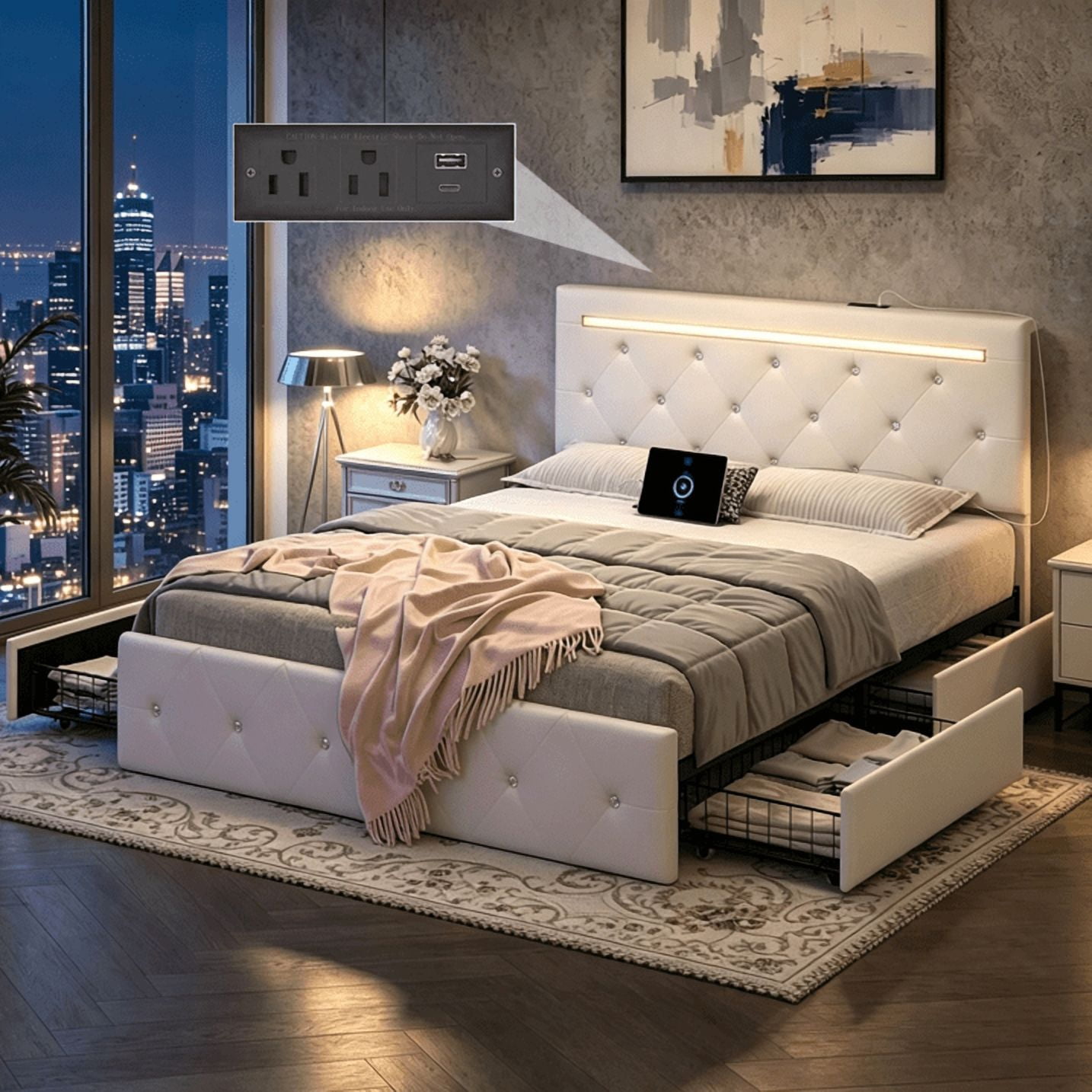 Gewnee Full‑Size PU Upholstered Bed Frame, 4 Large‑Capacity Drawers, 4‑in‑1 Charging Station, Adjustable Headboard, Adjustable Color, for Bedrooms, No Box Spring Required, White