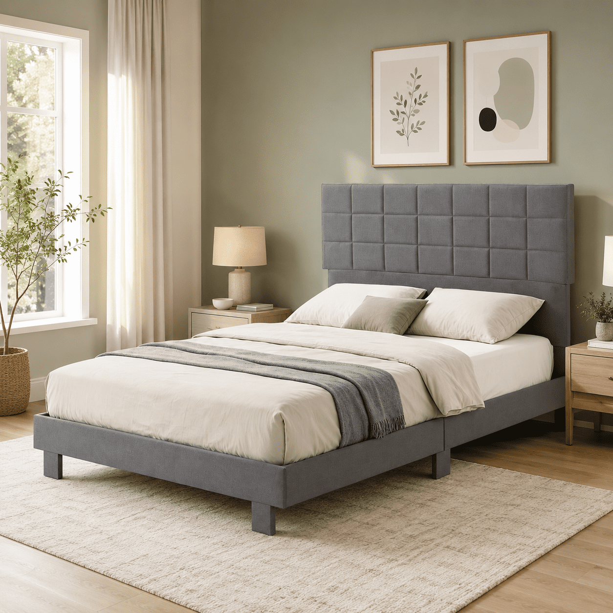 Gewnee Full Size Platform Bed Frame, Adjustable Linen Headboard, Wood Slats, No Box Spring Needed, Bedroom, Dark Grey
