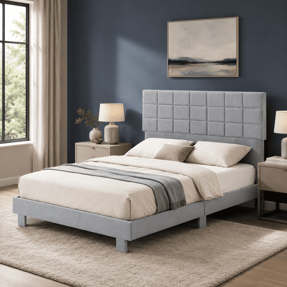Gewnee Full Size Platform Bed Frame, Adjustable Linen Headboard, Wood Slats, No Box Spring Needed, Bedroom, Light Grey