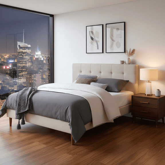 Gewnee Full Size Platform Bed Frame with Upholstered Headboard and Wood Slats Support.No Box Spring Required(Beige)