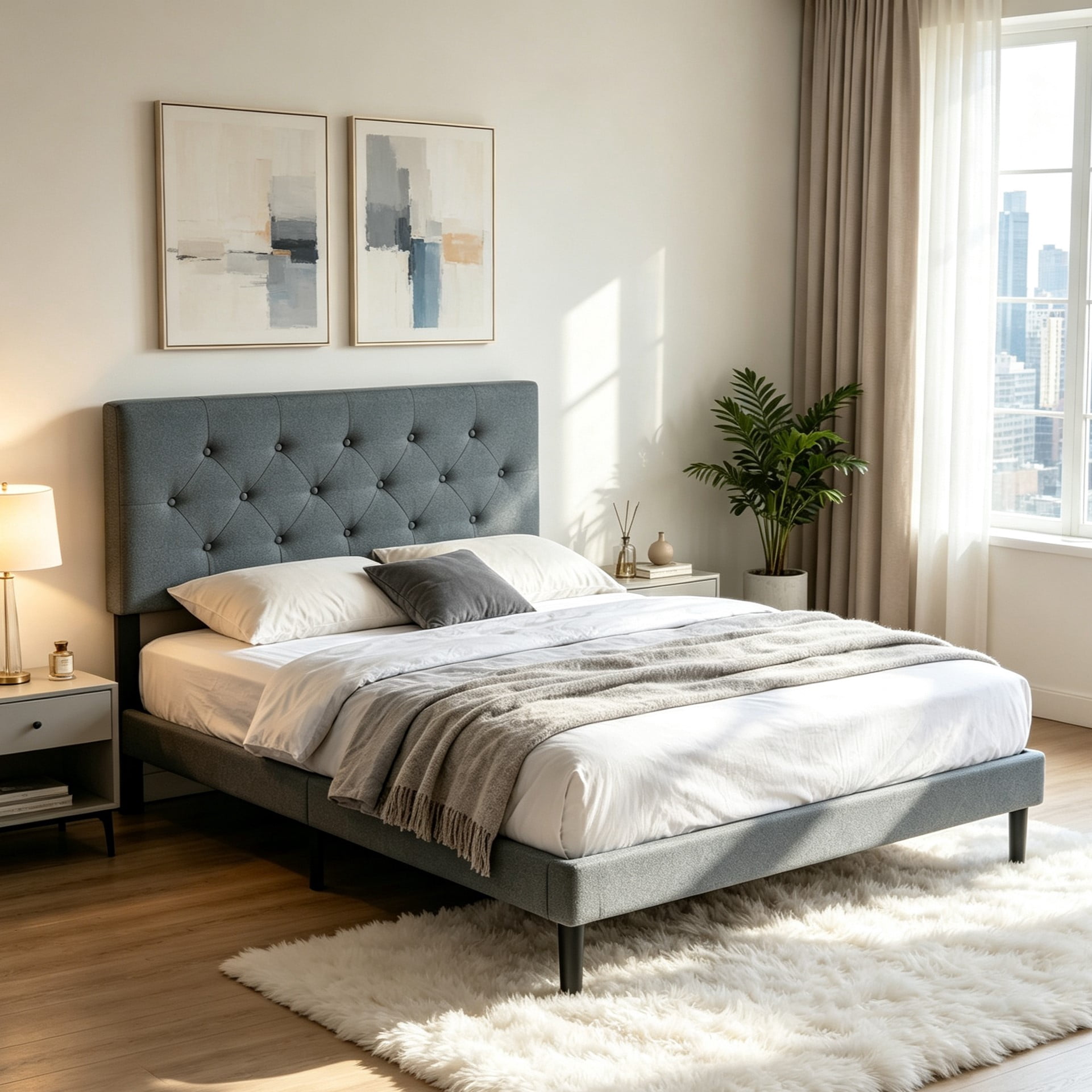 Gewnee Full Size Bed Frame,Linen Platform Bed with Upholstered Button Headboard,Modern Bedroom Furniture with Wood Support,No Box Spring Needed,Dark Grey