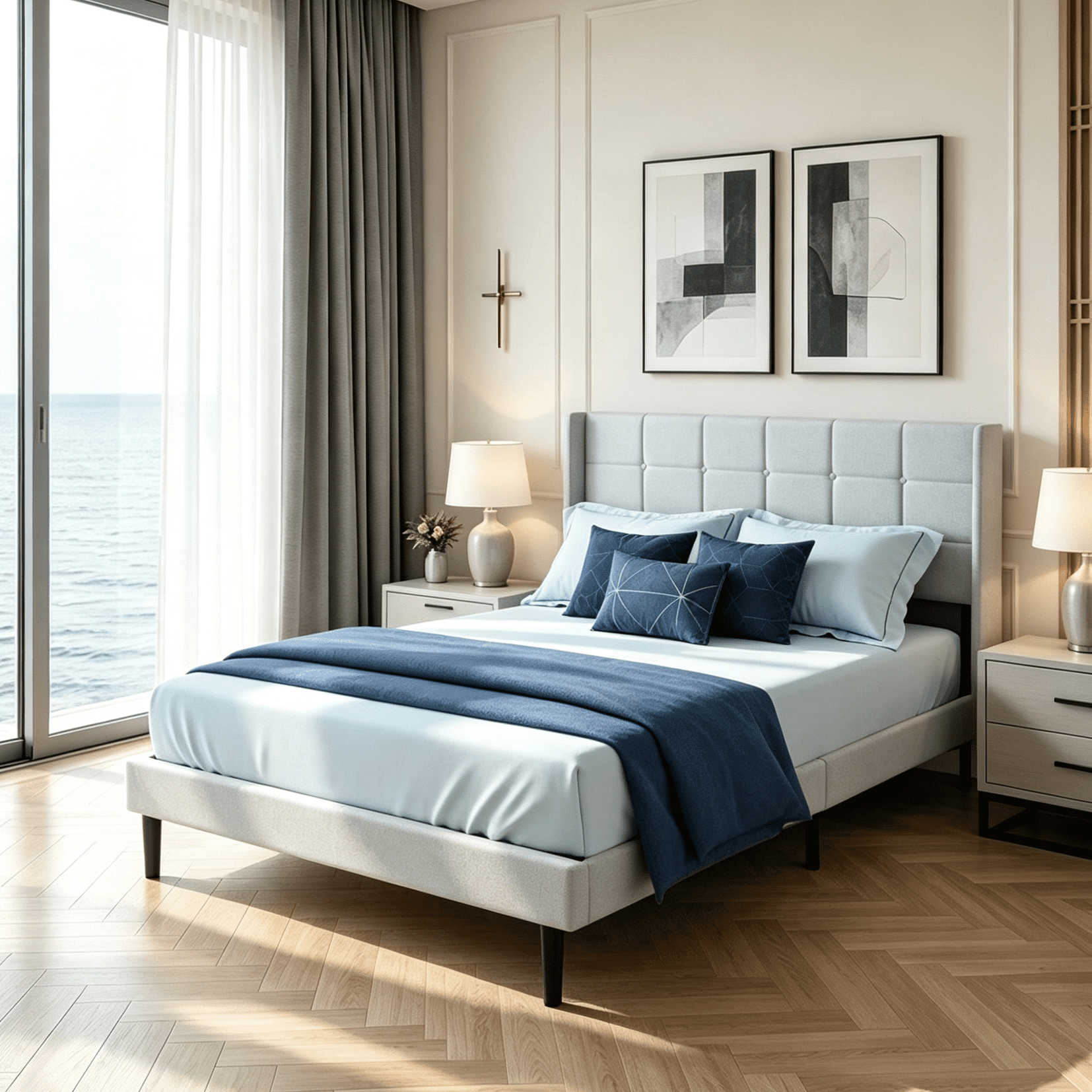 Gewnee Full Size Platform Bed Frame, Linen Upholstered Tufted Headboard, Wood Slat Support, No Box Spring Needed, Easy Clean Under Bed Space, Light Grey