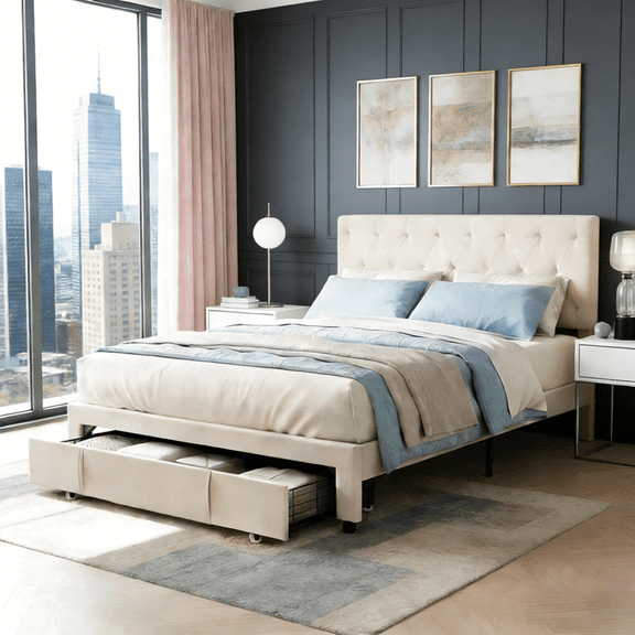 Gewnee Full Size Platform Bed Frame with Storage Drawer,Soft Padded Headboard,Adjustable Height and Solid Wood Strips for Support,No Box Spring Required