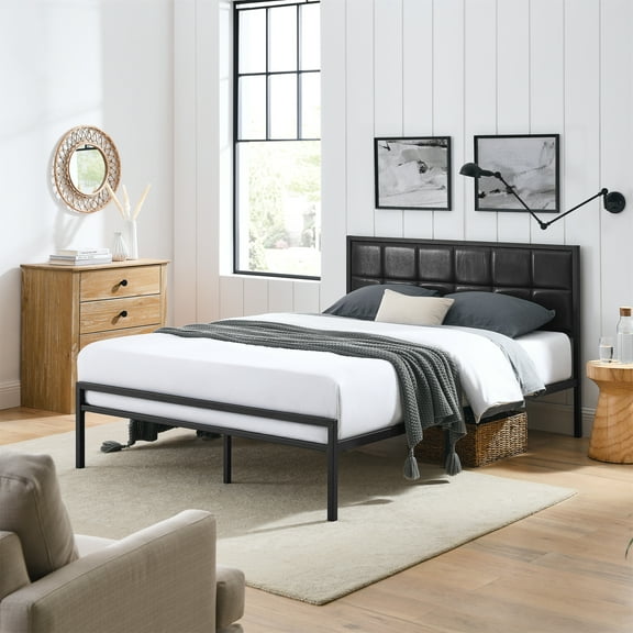 Gewnee Full Size Platform Bed Frame - Upholstered Headboard, Wood Slats Support, Sturdy Metal Frame, No Box Spring Needed